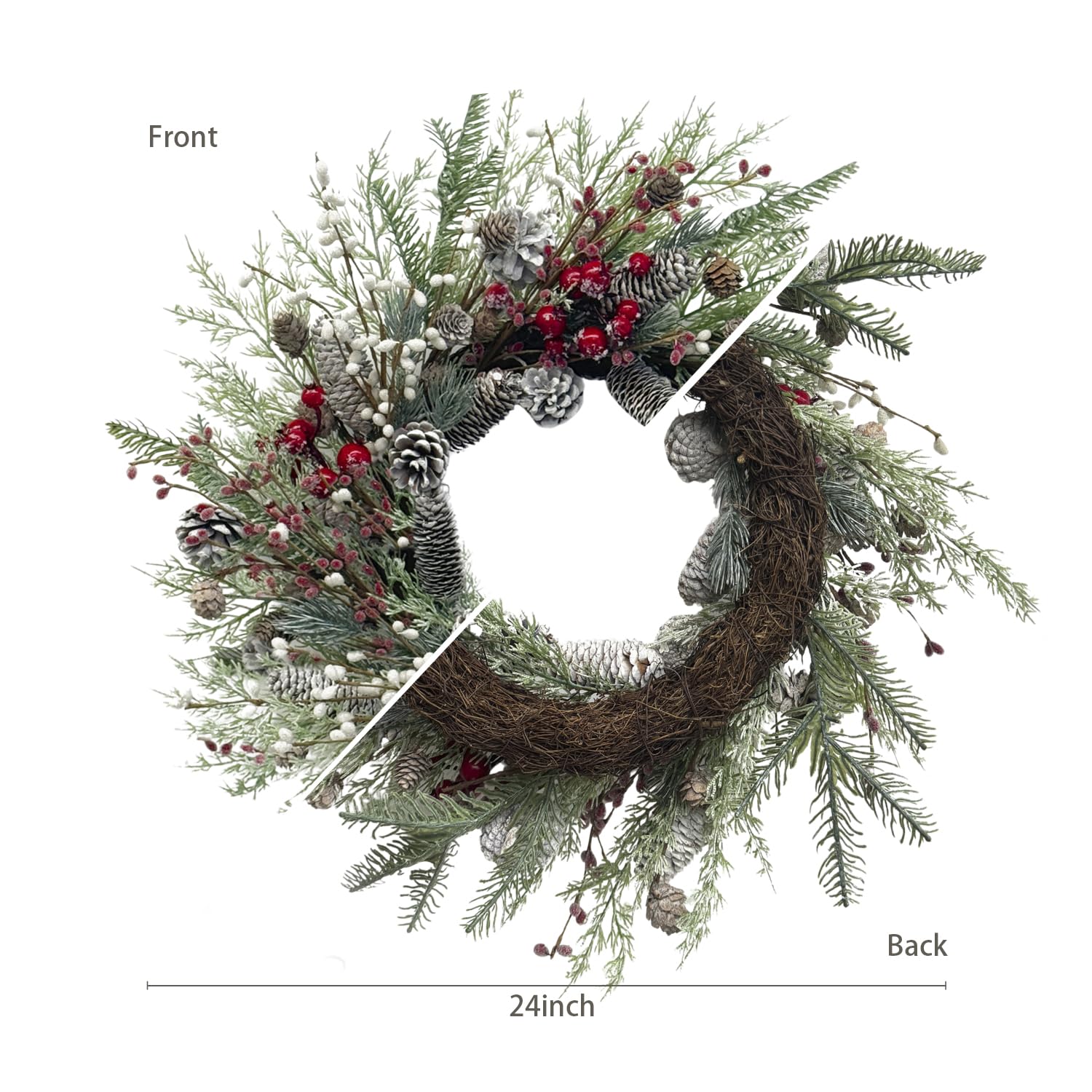 Christmas Wreath for Front Door, 24 inch Winter Wreaths with Natural Pine Cones, Red Berries,Spruce Branches,Xmas Indoor Outdoor