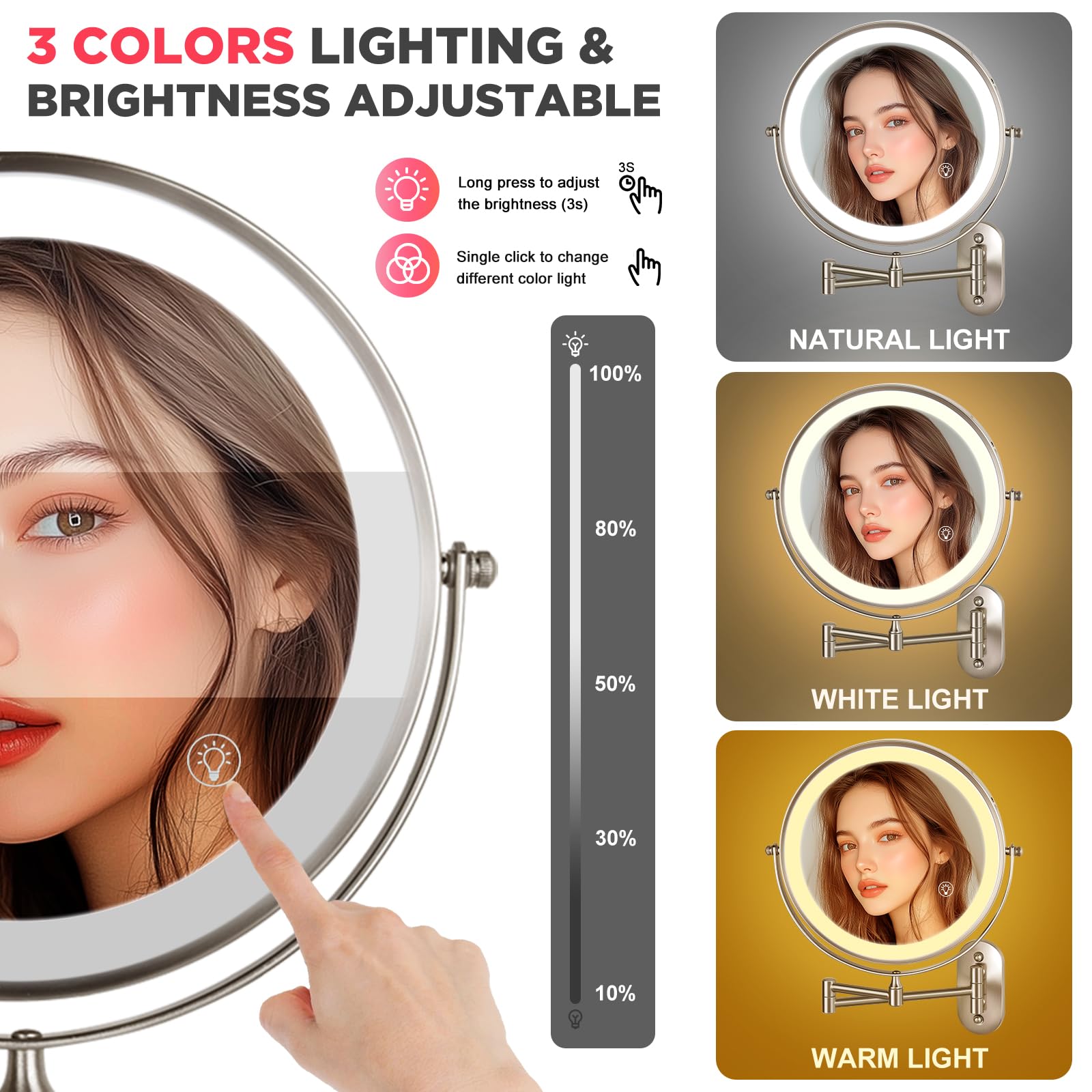 Vorremirr 20X Magnifying Mirror With Light: 8.5 Inch Lighted Makeup Mirror With 3 Colors, 360 Rotation Touch Screen Rechargeable