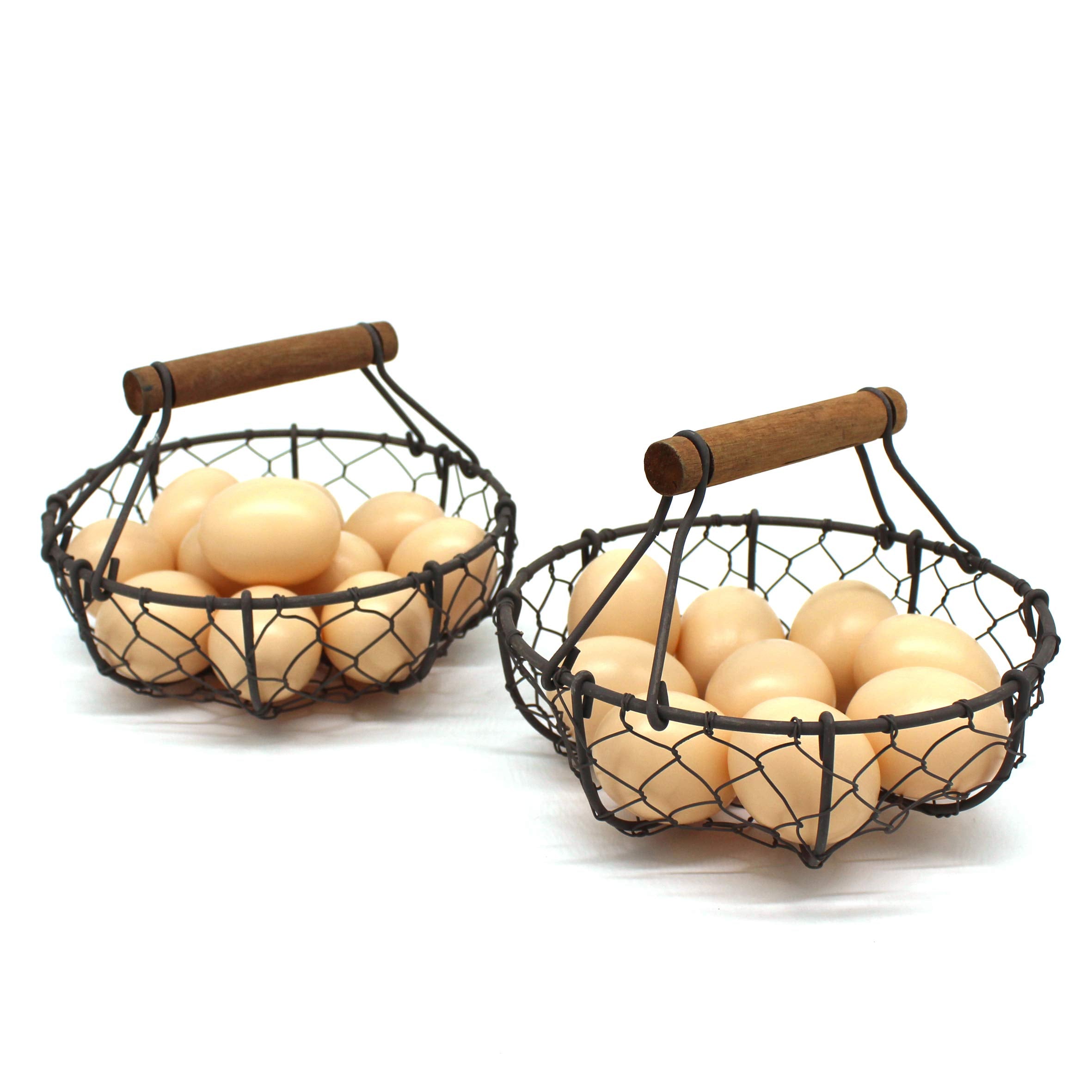 CVHOMEDECO. Chicken Wire Egg Baskets Set of 2, Round Rusty Vintage Storage Baskets with Wooden Handle, Model CV50108