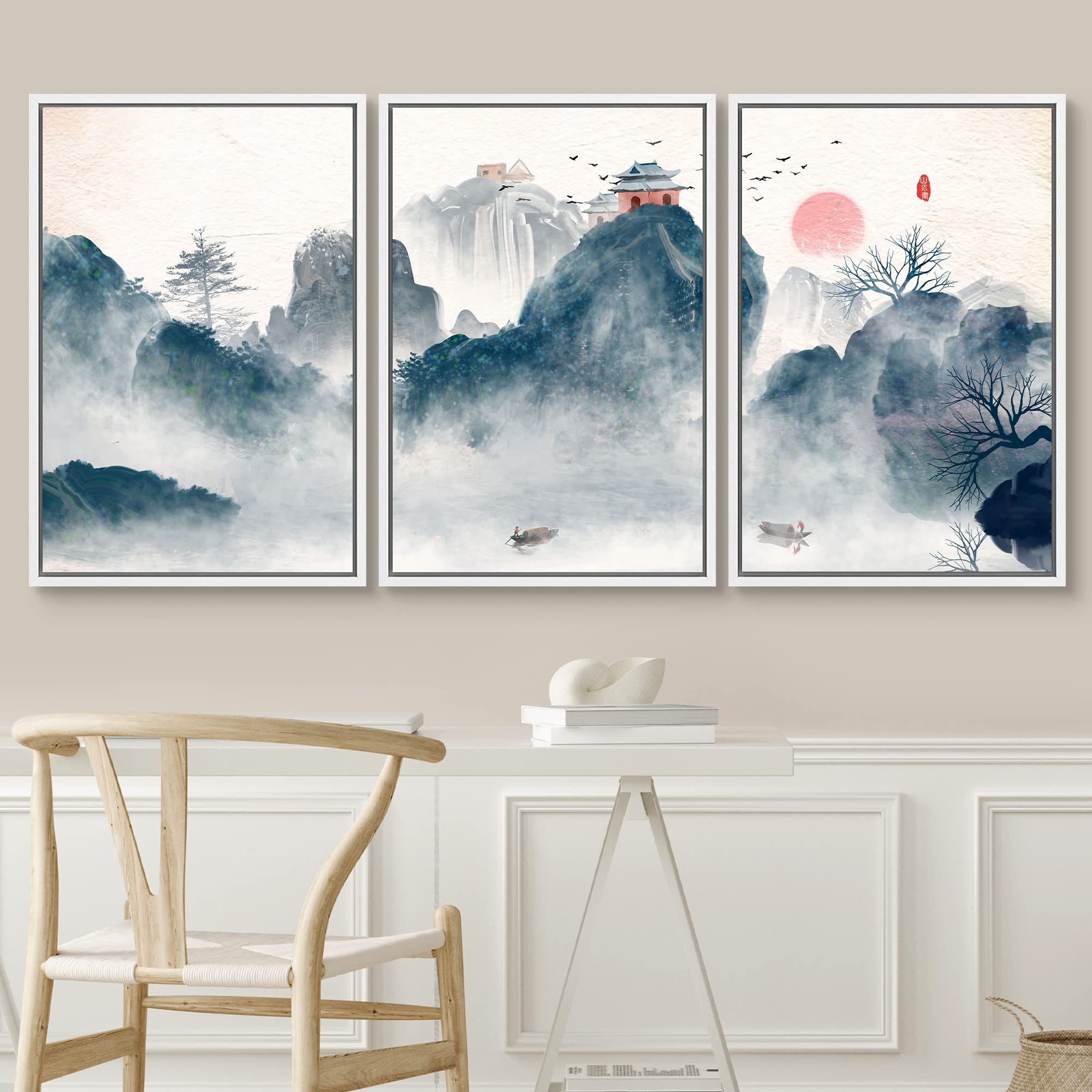 Signwin 3 Piece Framed Canvas Wall Art Zen Canvas Prints Home Artwork Decoration For Living Room,Bedroom - 16''X24''X3 White