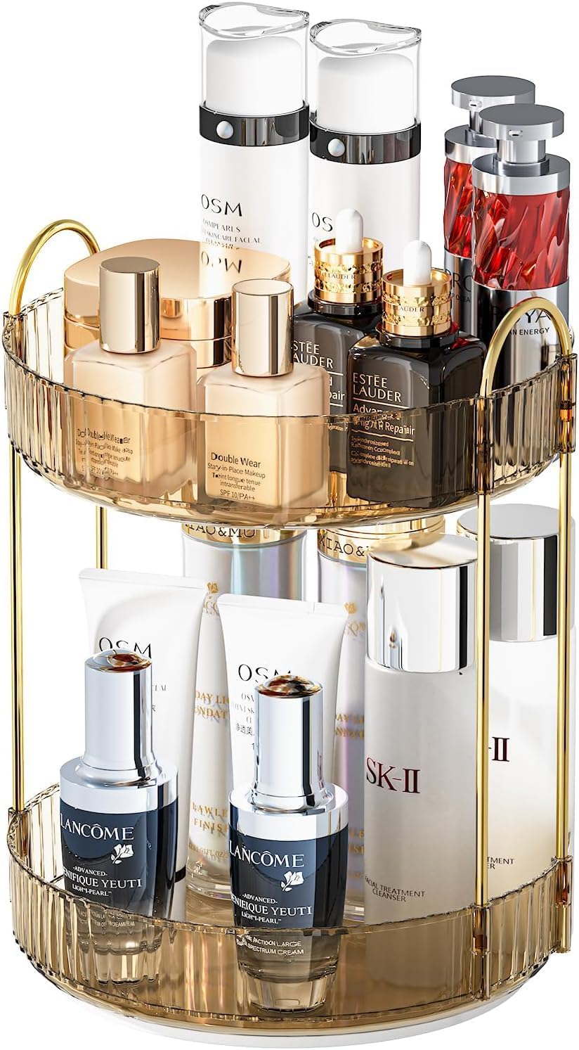 Zollyss 360 Rotating Makeup Organisers | 2Tier Amber Gold Perfume Organizer Fit For Cosmetics, Skincare & Lipsticks | Vanity Ra
