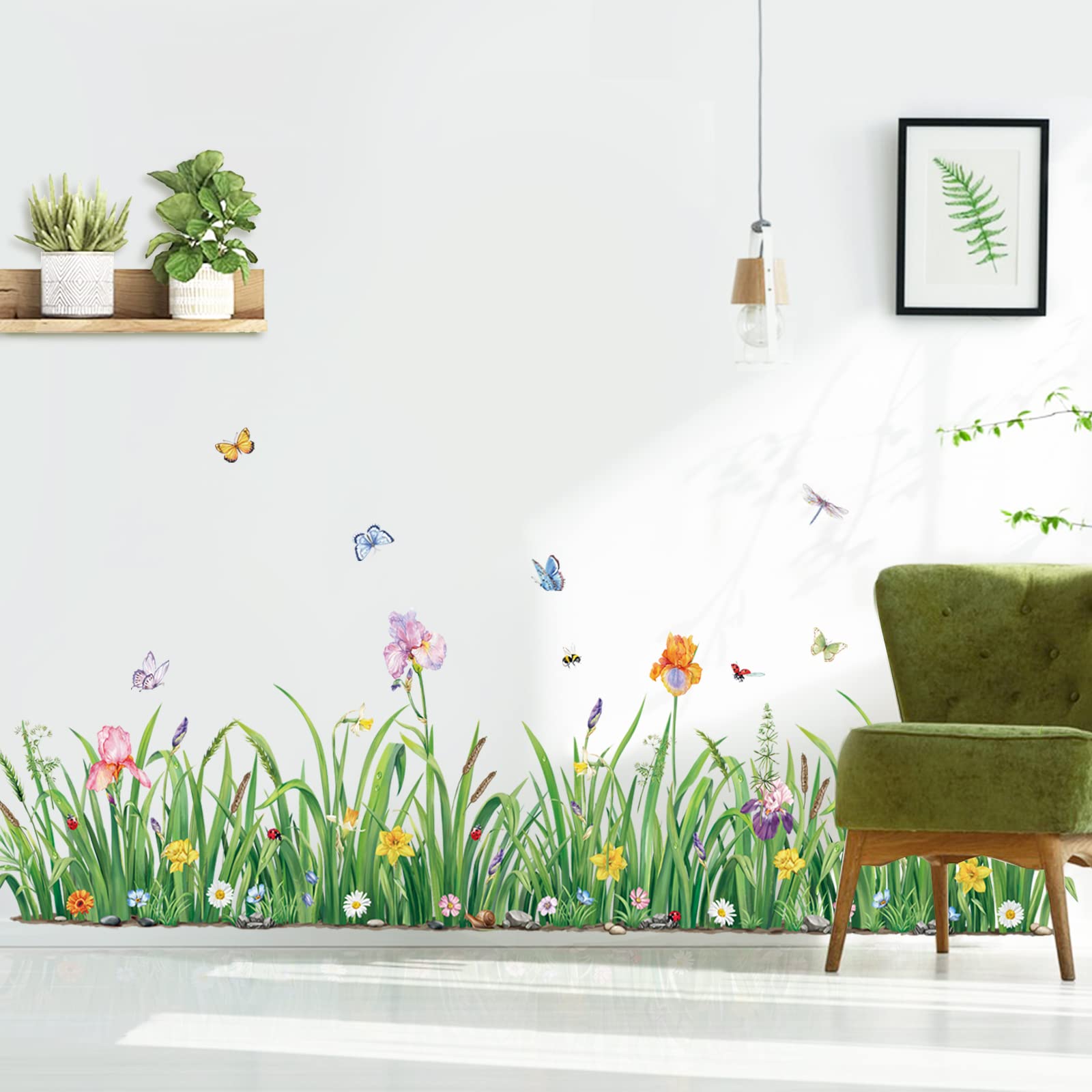 Decalmile Green Grass Flower Wall Corner Decals Floral Butterfly Baseboard Skirting Line Wall Stickers Bedroom Living Room Wall