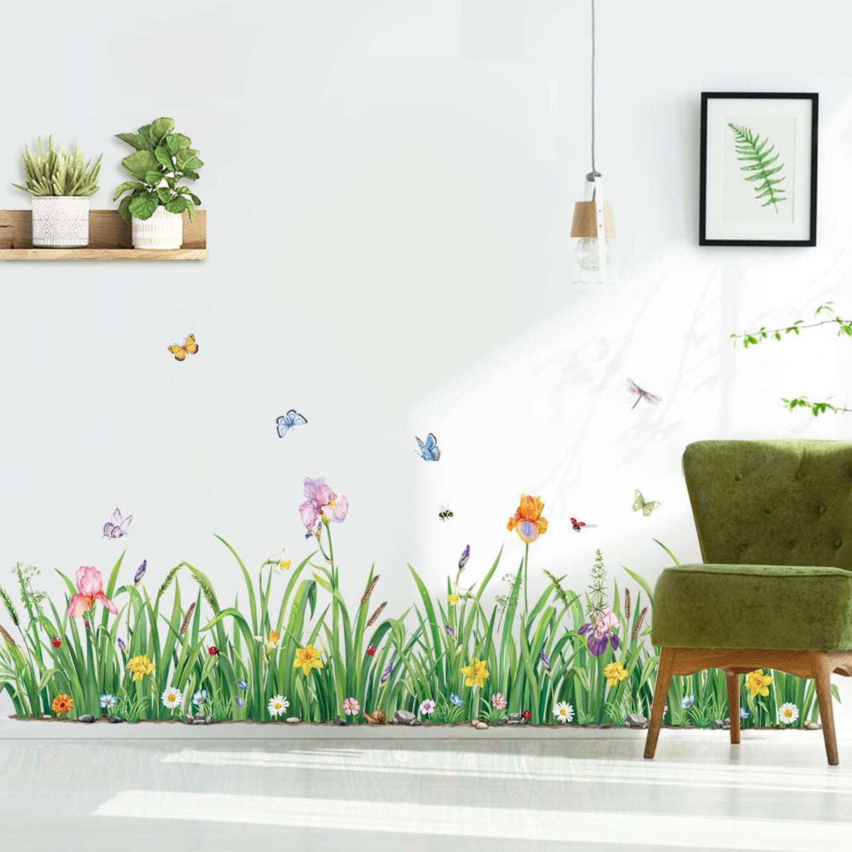 Decalmile Green Grass Flower Wall Corner Decals Floral Butterfly Baseboard Skirting Line Wall Stickers Bedroom Living Room Wall