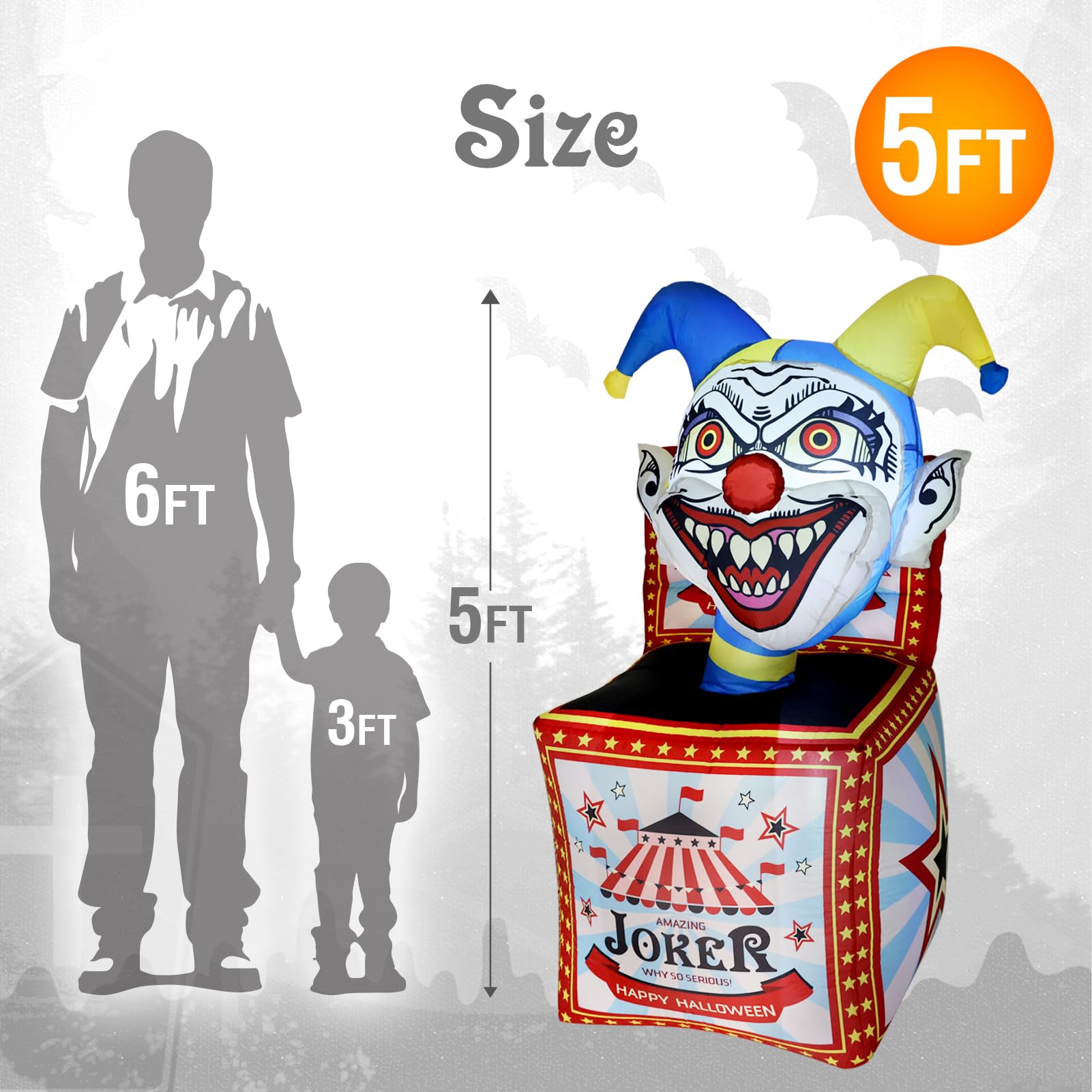 WBHome 5 Ft Halloween Inflatable Circus Clown Box Outdoor Decorations, Blow Up Yard Decor with Built-in LED Light (Plug in) for