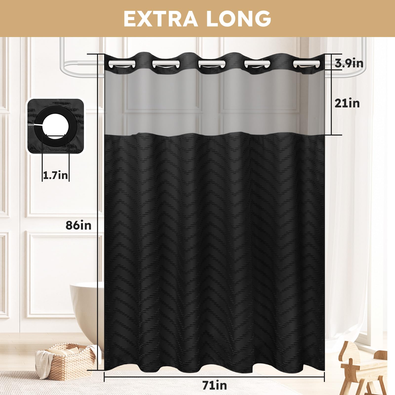 Fadoty No Hook Shower Curtain And Snap In Liner Set Black Tufted Chevron Striped Cloth Waterproof Washable Fabric Boho Farmhouse
