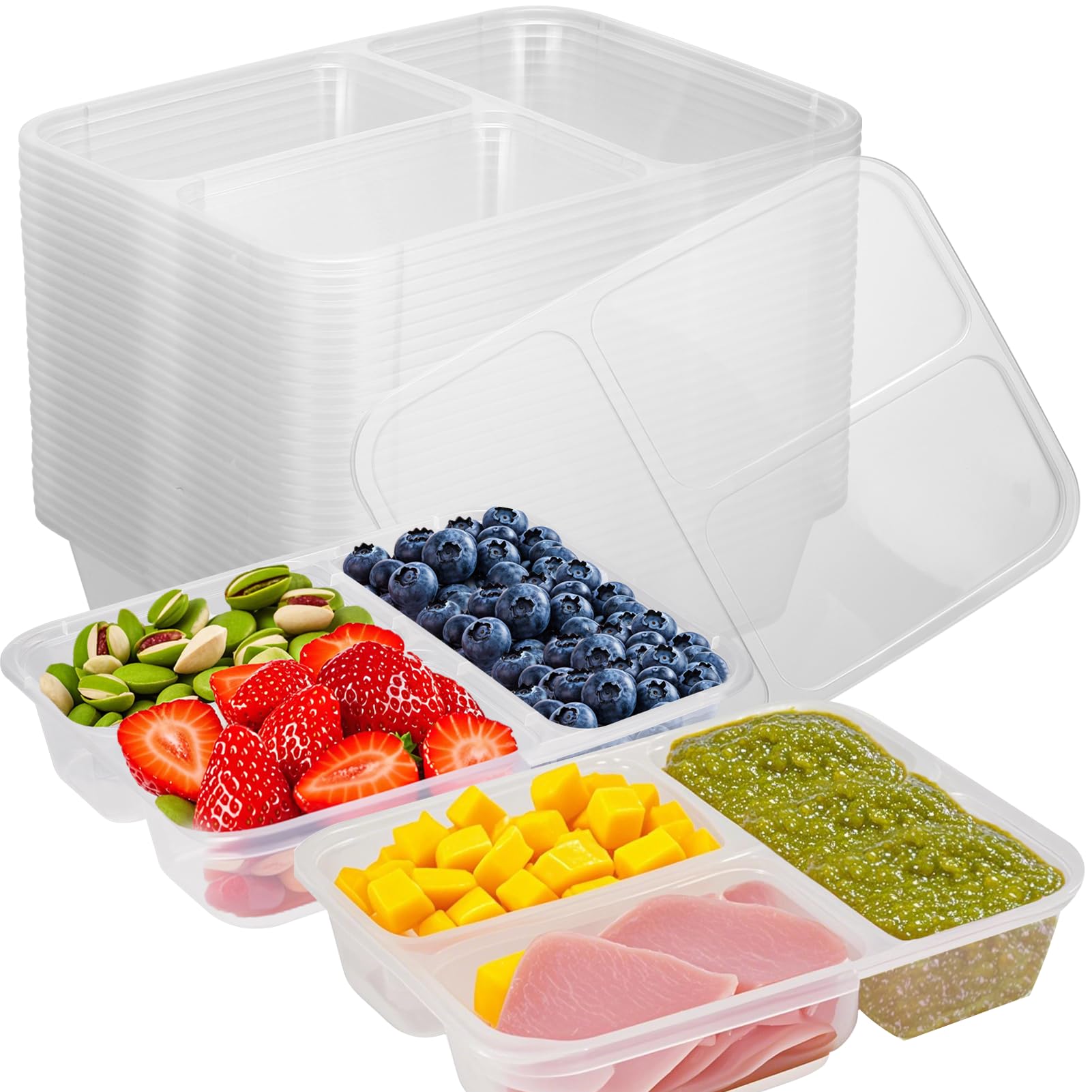Palksky Snack Containers With Lids, 30Pack Snackle Box Container, 3 Compartment Snack Pack Tray, Plastic Condiment Containers Wi