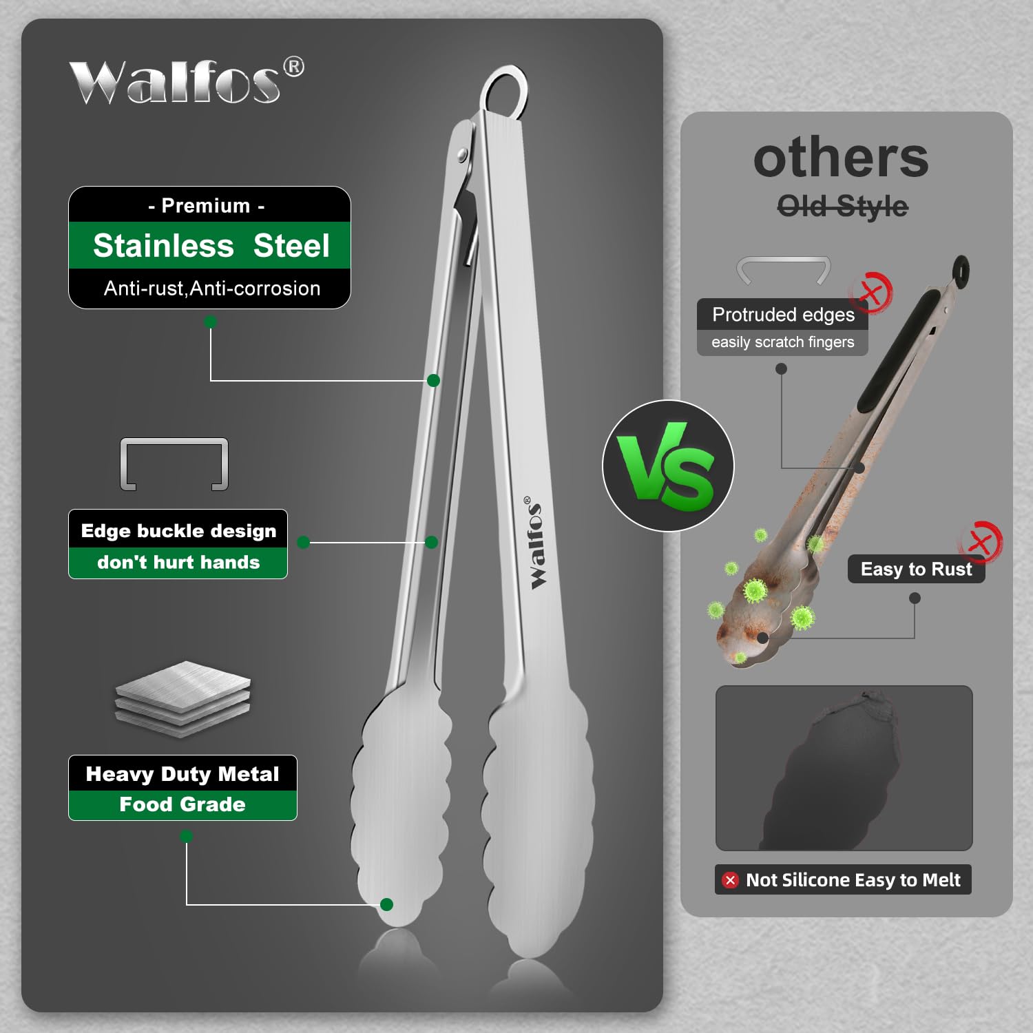 Walfos All Metal Kitchen Tongs for Cooking  BBQ Grilling  600? Heat Resistant Stainless Steel Tongs - Heavy Duty 7  9 and 12 Inch Locking Tongs Set of 3
