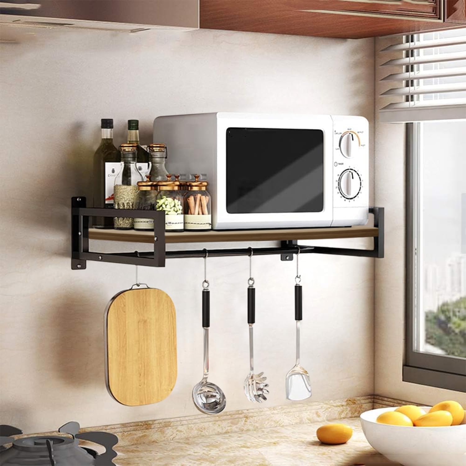 Urban Decor Wall Mount Microwave Oven Rack | Metal Holder Storage Stand | Cooker Utensils Dish Shelf Organizer With Hooks | 40D 