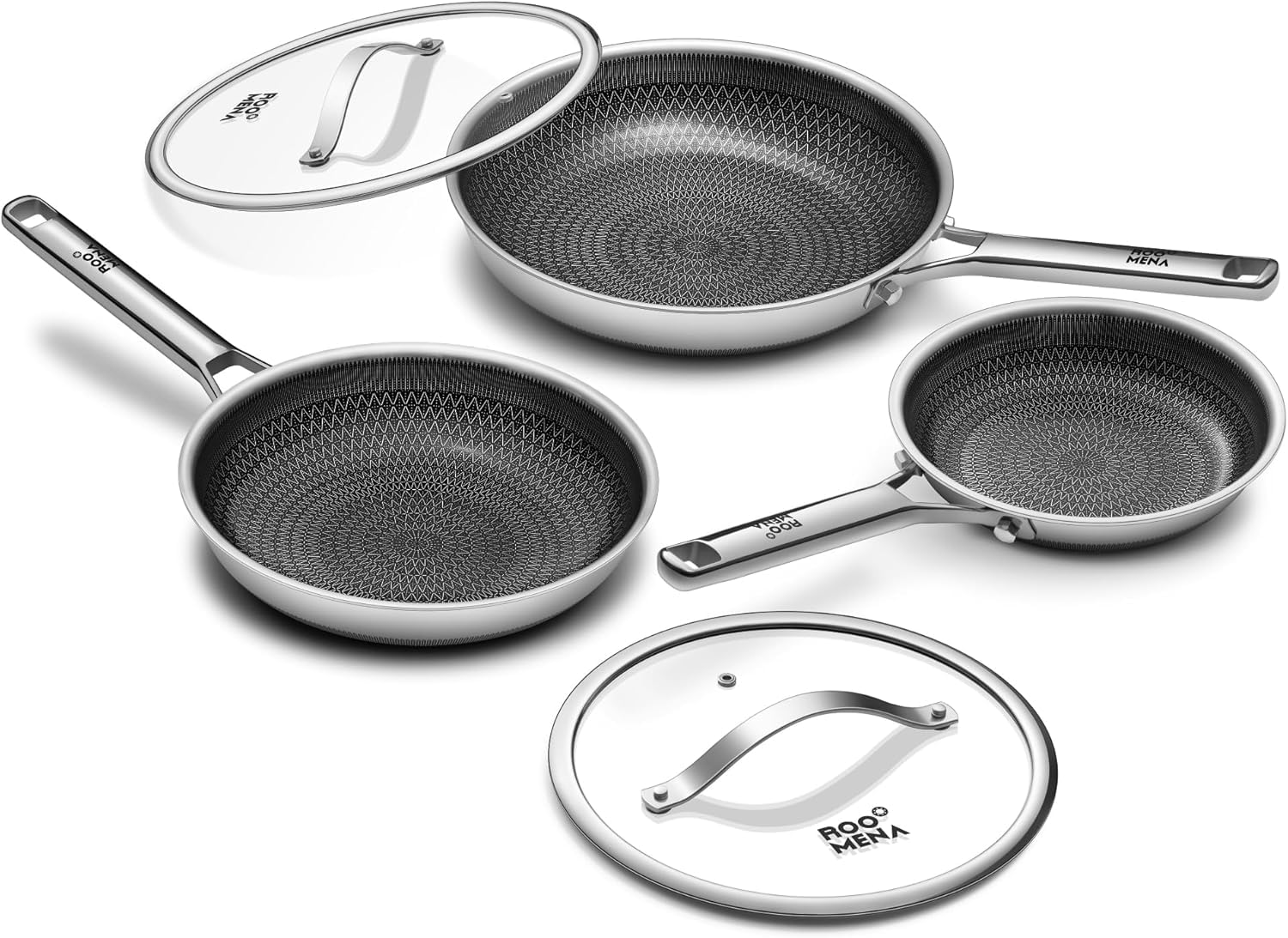 Nonstick Frying Pan Set with 2 Lid, 8 & 10 & 12 Inch Hybrid Ceramic Pans