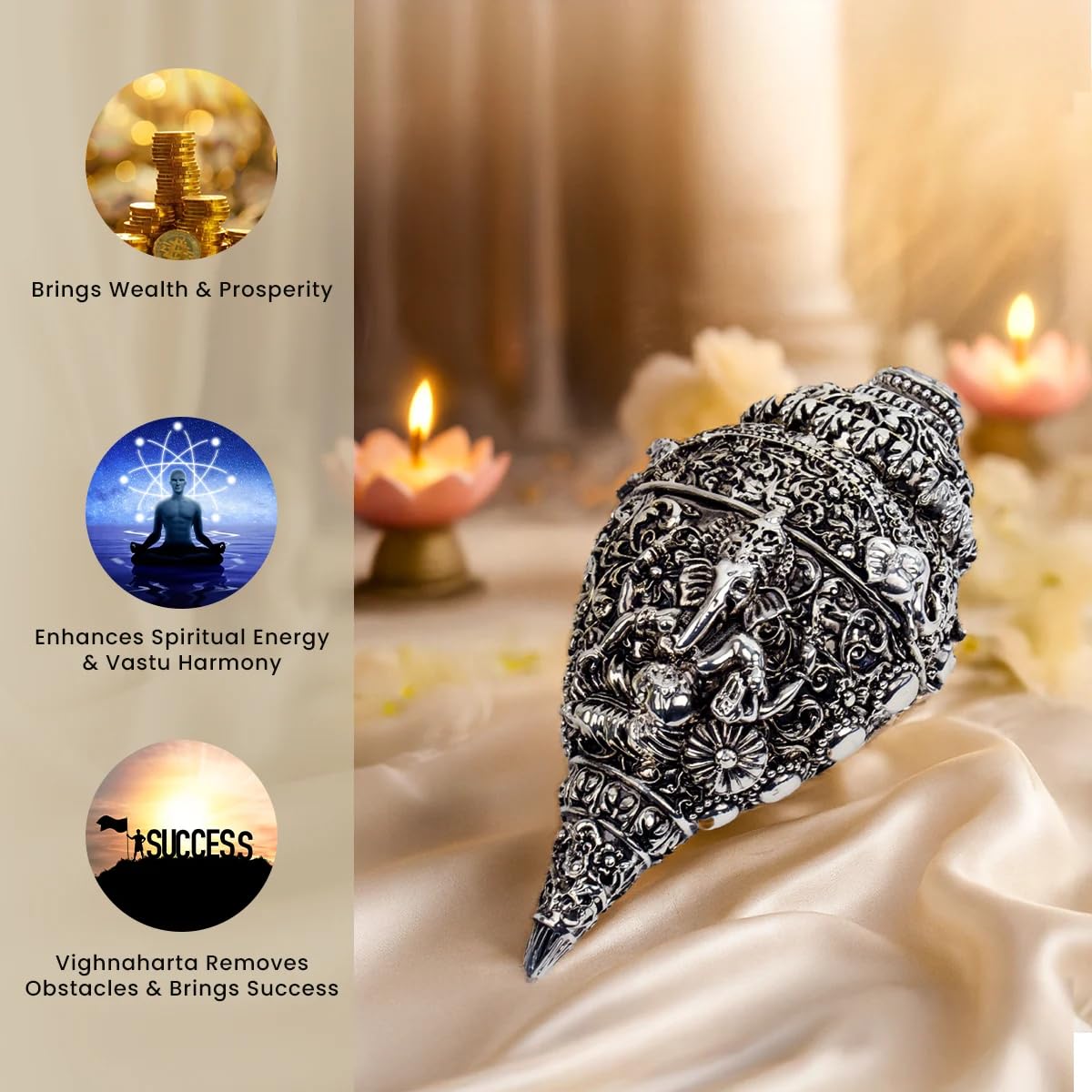 Astrotalk 925 Silver Plated Ganesh Shankh (Conch) 12 cm | Ganesh Idol Crafted Shankh | Attracts Wealth, Prosperity & Positive Energy | Vastu Decorative Item for Home | Mandir Decoration & Festive Gift