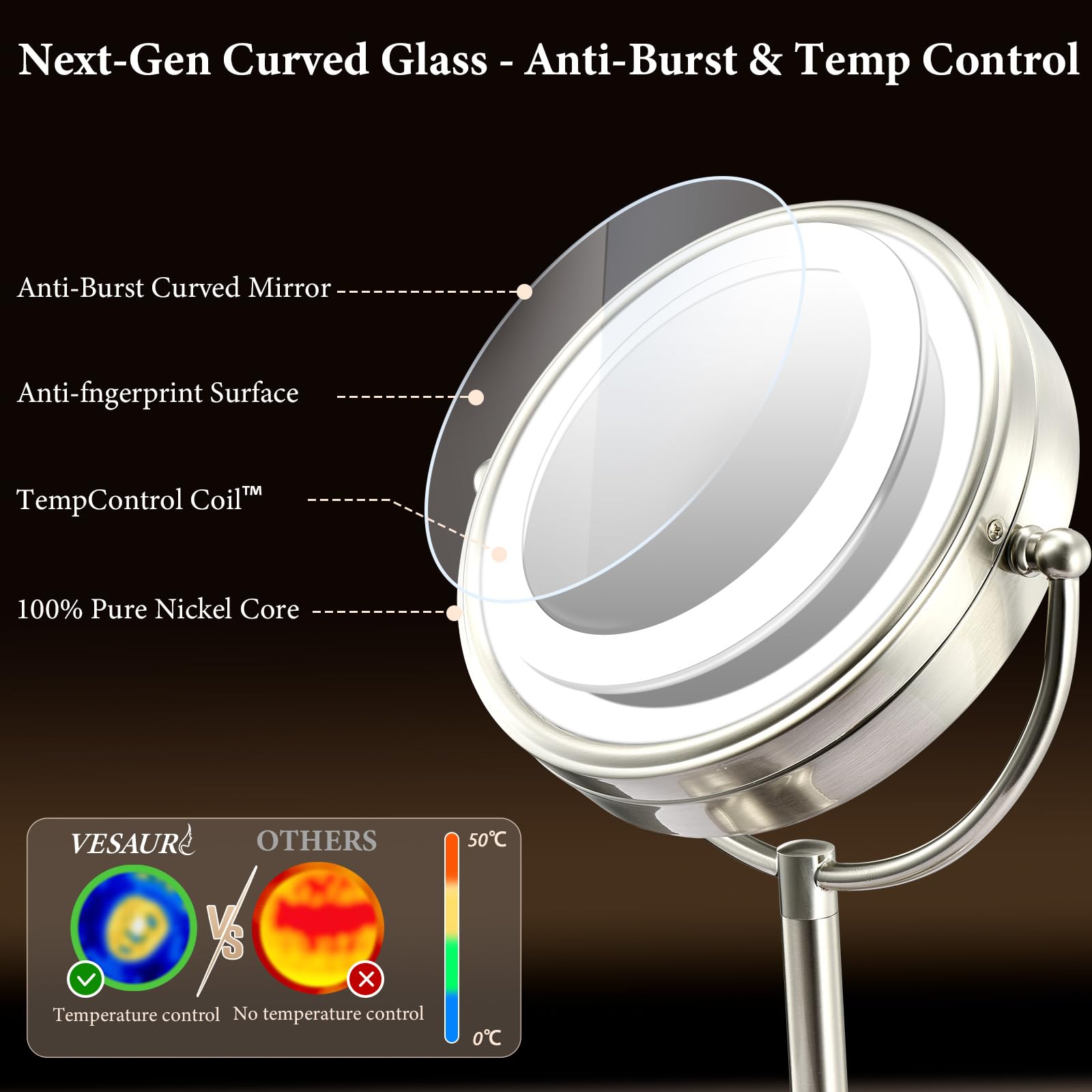 VESAUR Professional 8.5'' Large Lighted Makeup Mirror Updated with 3 Color Lights  1X/10X Magnifying Swivel Vanity Brightness Dimmable Cosmetic Mirror with 48 Premium LED Lights  Senior Pearl Nickel