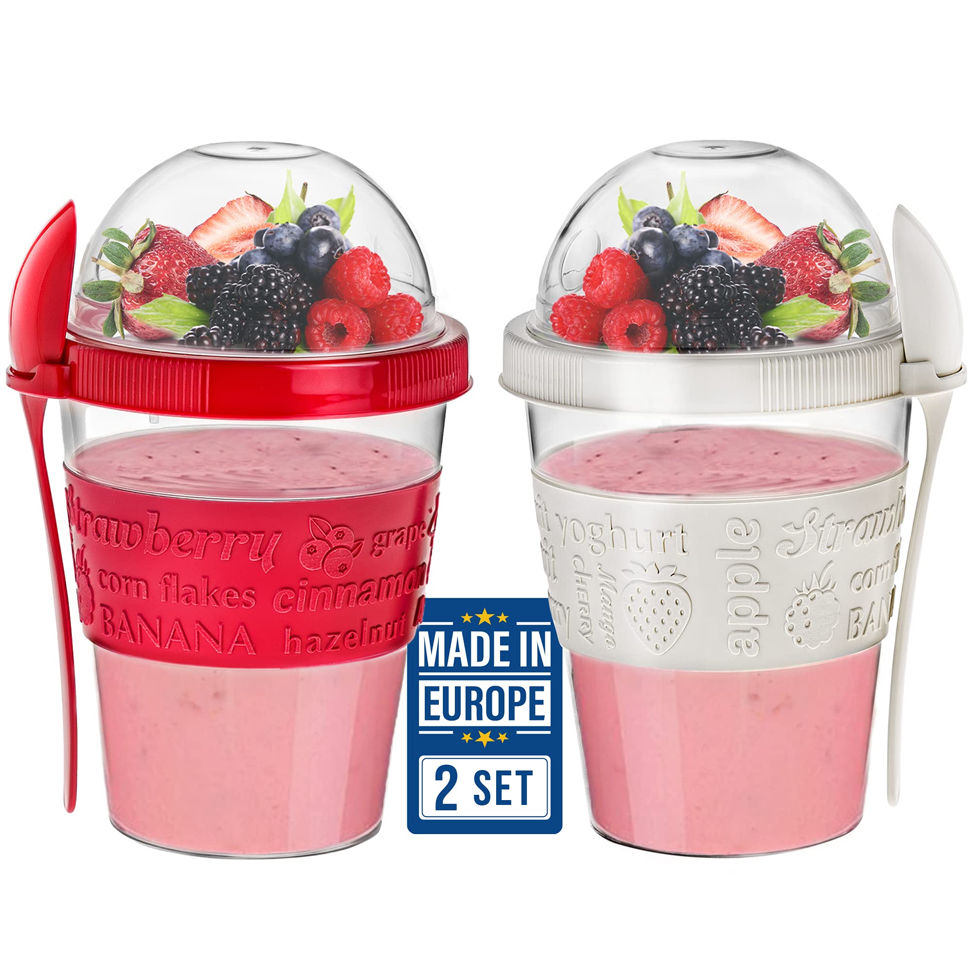 Yogurt Parfait Cups For Breakfast, Oatmeal Or Fruit Container, Snack Bowl And Spoon For Lunch Box, Portable & Reusable, 2 Pcs (R