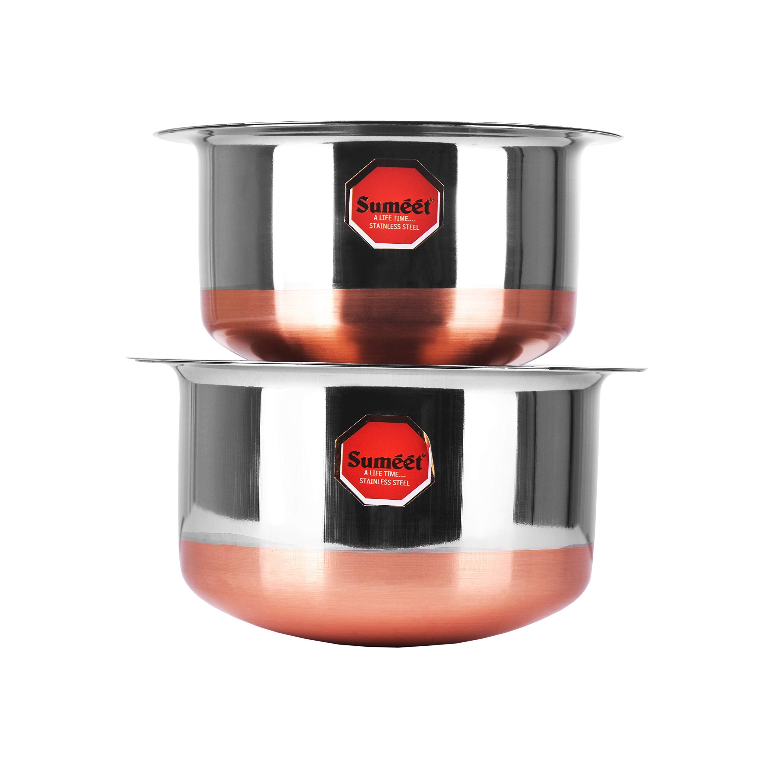 Sumeet Stainless Steel Copper Bottom Cookware Container Tope Set Of 2 Pcs With Lids (No. 11-1.4 Ltr  No. 12-1.9 Ltr)  1.9 Liter