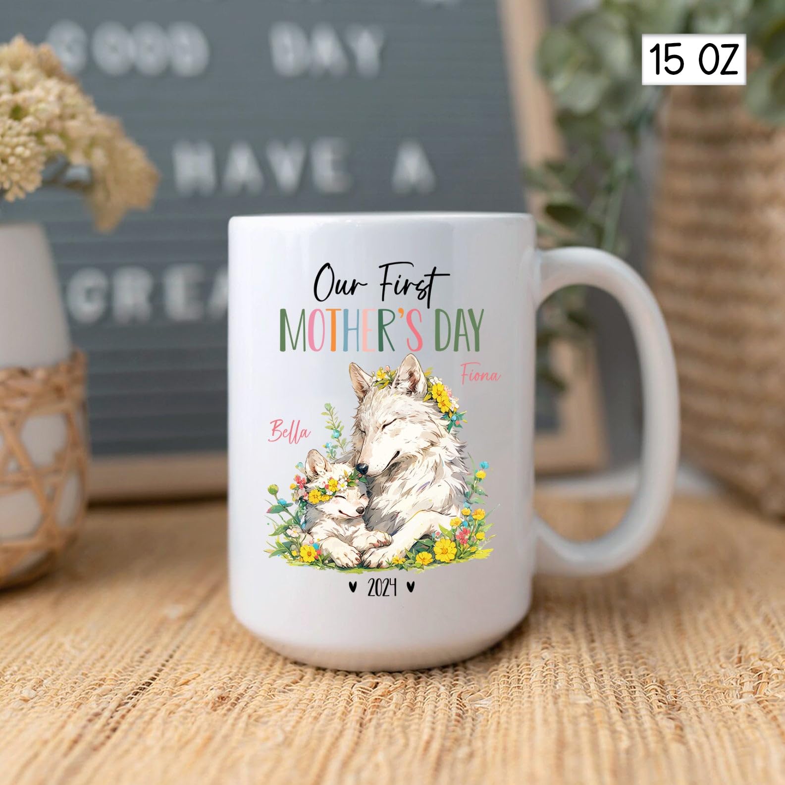 Mother Wolf And Baby Ceramic Cup, Personalized Mom & Baby Wolf Coffee Mug, Wolf Cups For Wildlife Lover, Our First Mothers Day M