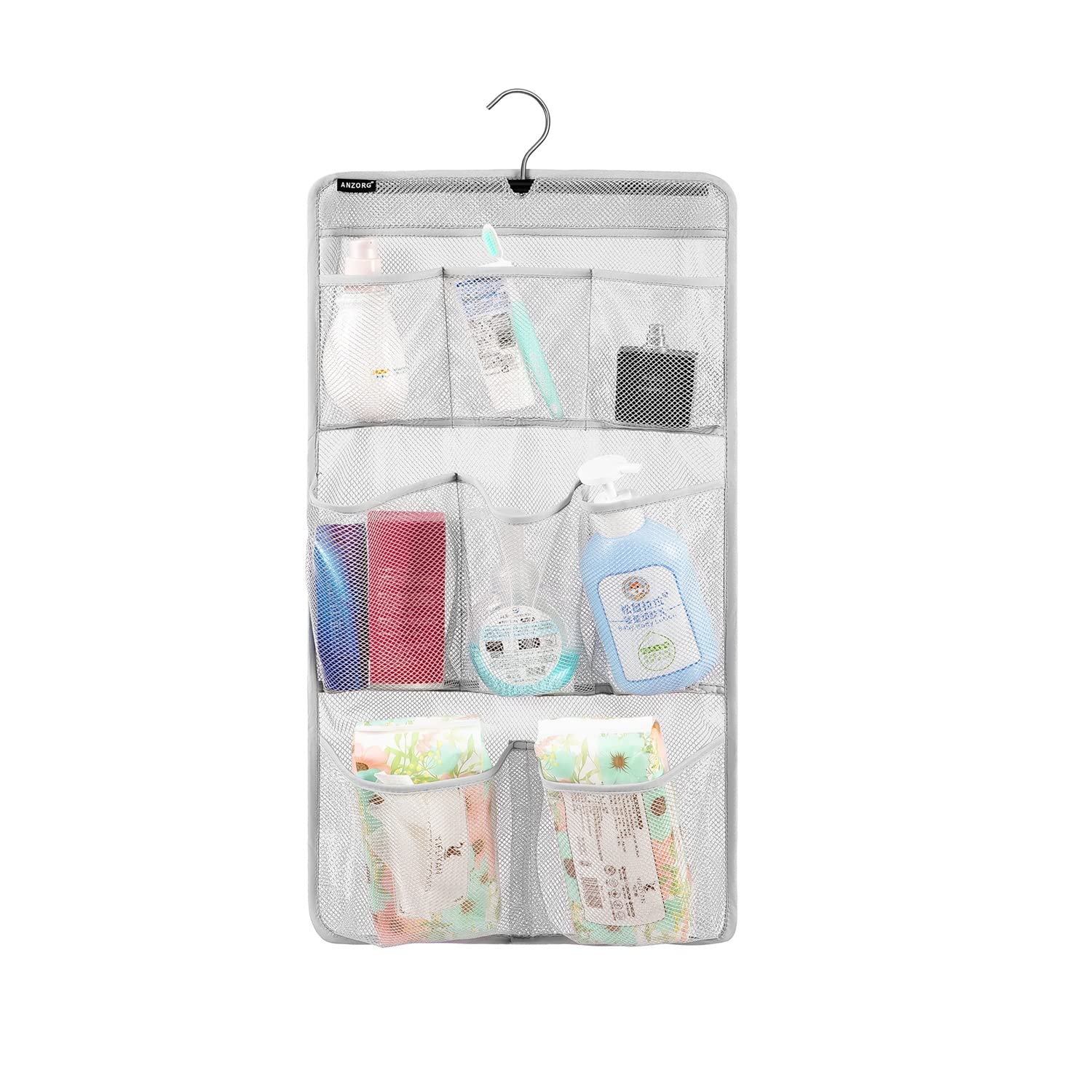 Anzorg Mesh Shower Organizer Hanging Caddy Quick Dry Bathroom Storage For Toiletry Accessories With Rotating Hanger (8 Pockets)