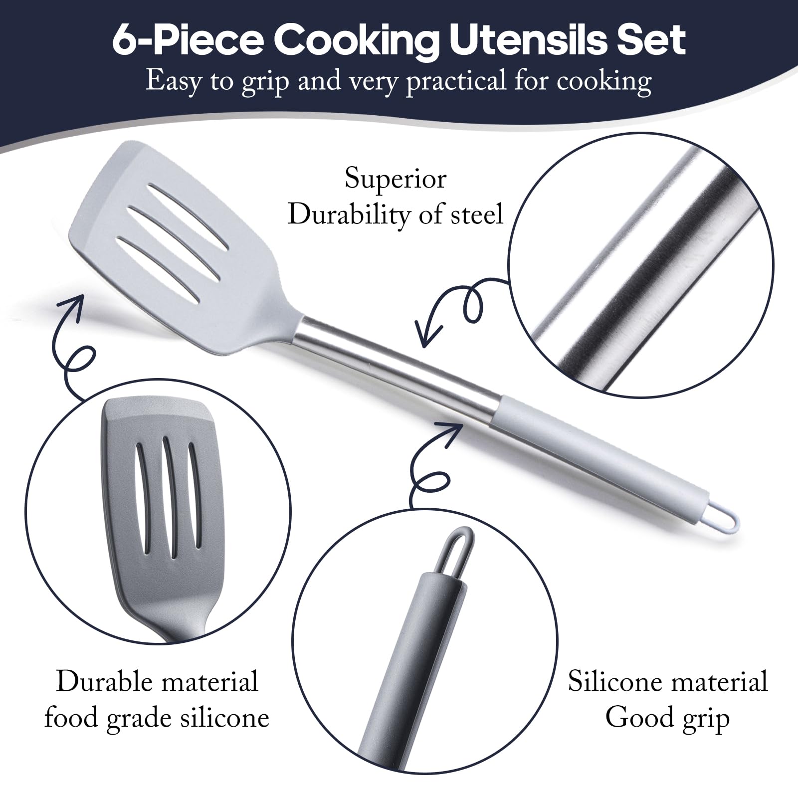 Silicone Kitchen Utensils Set - Culinary Couture 6-Pieces Grey Silicone Cooking Utensils Set For Nonstick Cookware - Stainless S