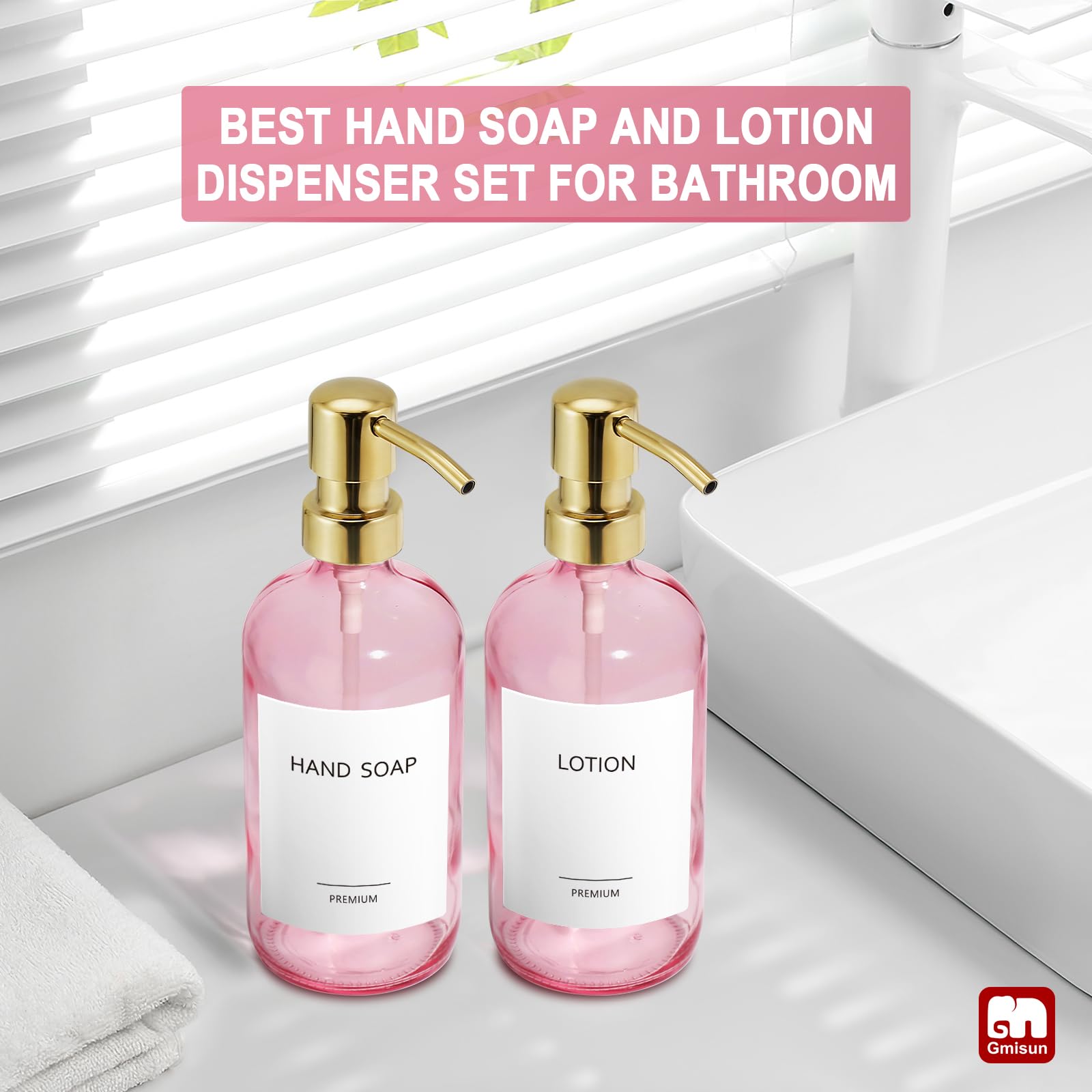 Gmisun Pink Soap Dispenser Bathroom, 2 Pack Kitchen Hand And Dish Soap Dispenser Set, 16 Oz Pink Glass Soap Dispenser With Gold