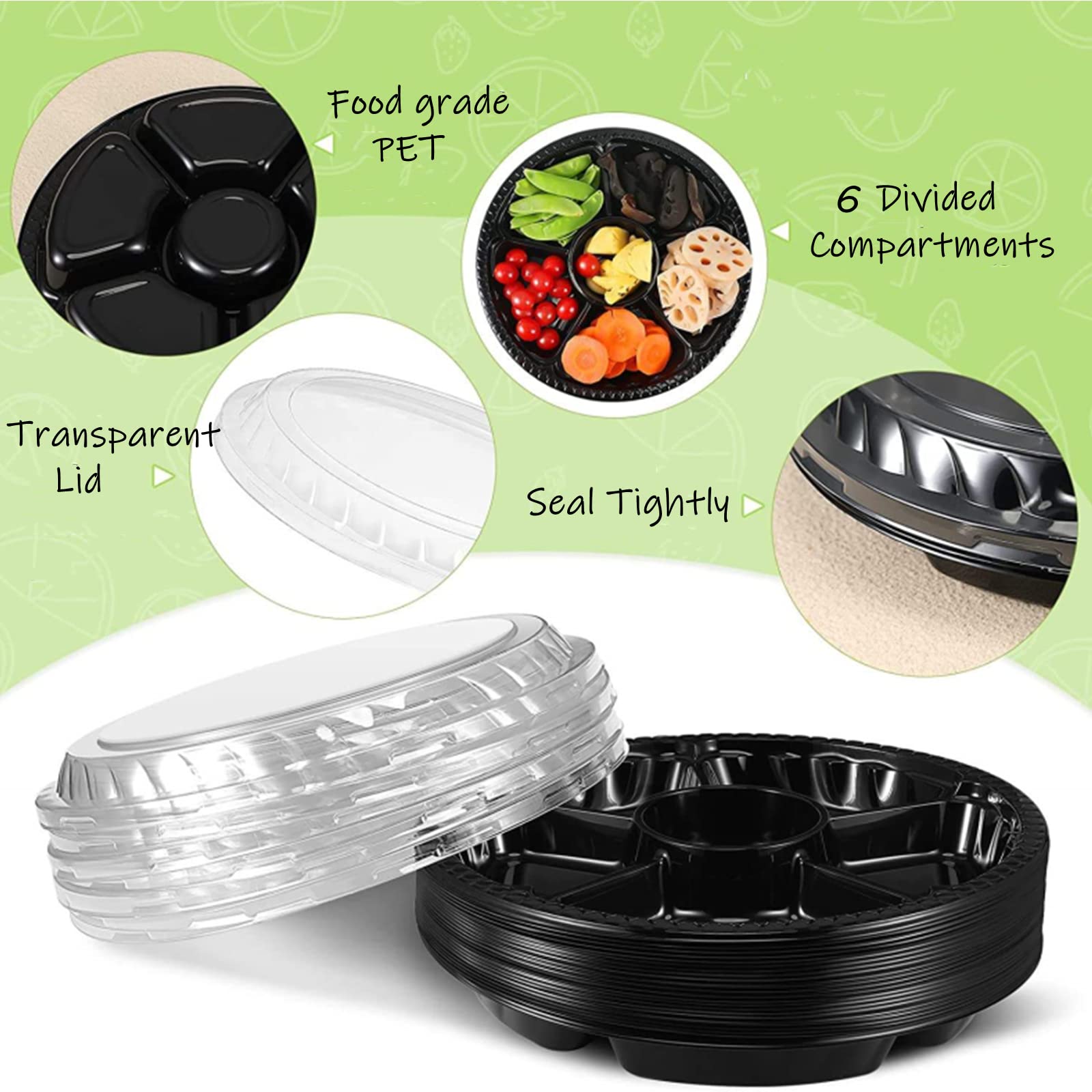 Lyellfe 30 Pack Plastic Appetizer Tray With Lid, Disposable Fruit Veggie Tray With 6 Compartment, 10.5 Inch Heavy Duty Snack Ser