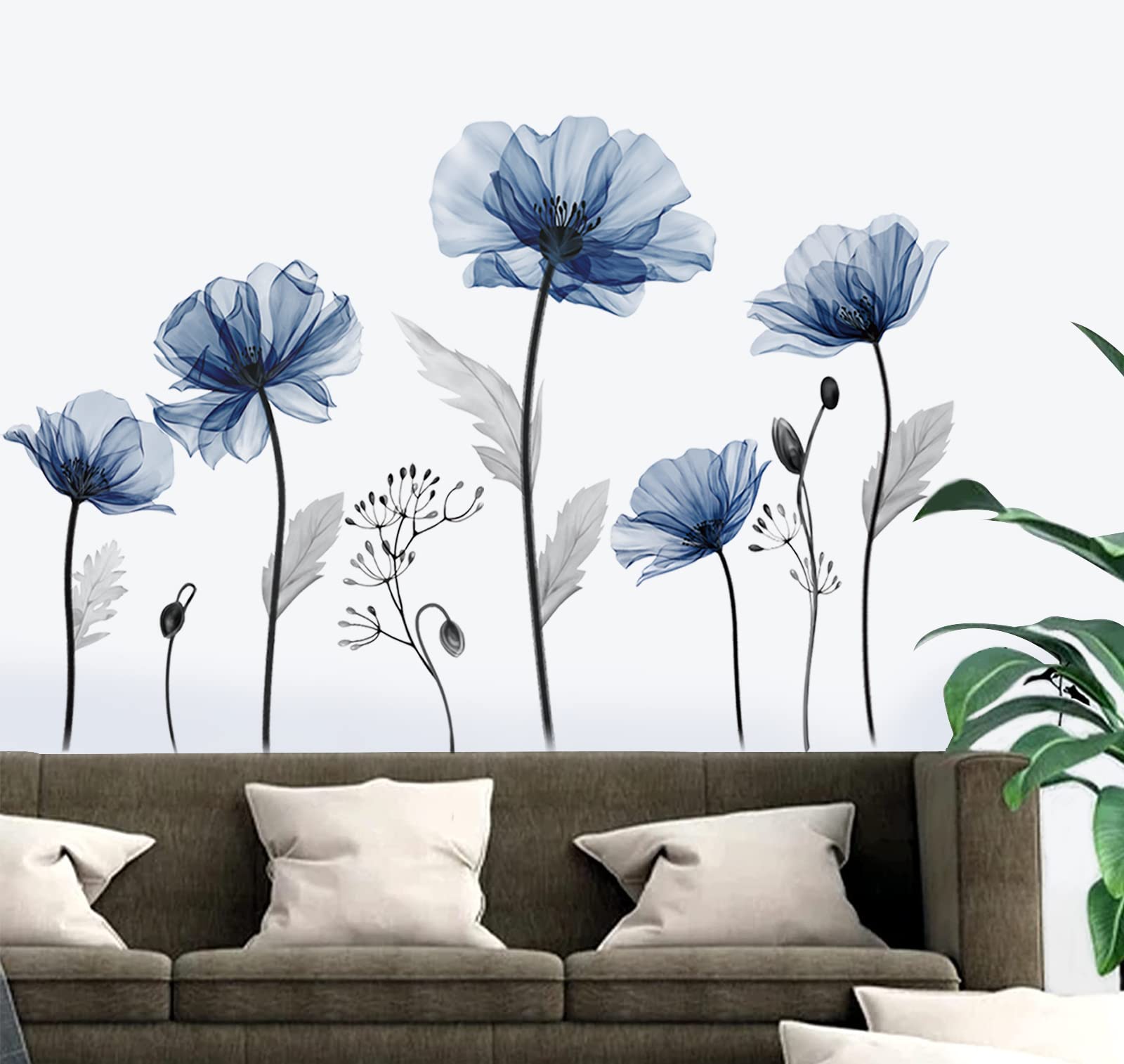Decalmile Large Blue Flower Wall Decals Floral Plants Wall Stickers Bedroom Living Room Kitchen Wall Decor Gifts For Mom