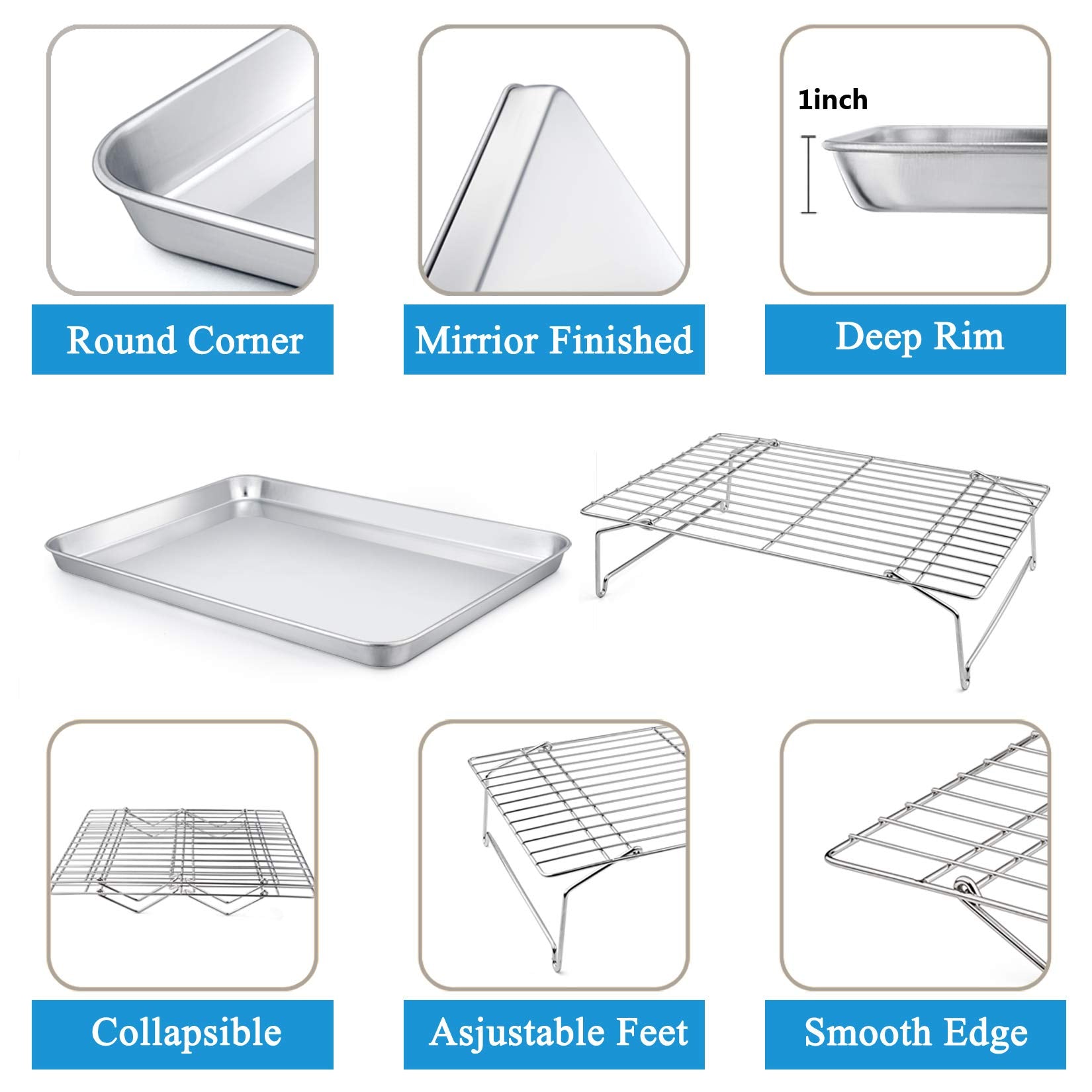 P&P Chef 2 Baking Sheets And 2 Cooling Racks Set, Stainless Steel Baking Pan Tray With Stackable Tier Wire Racks For Cookie Baco