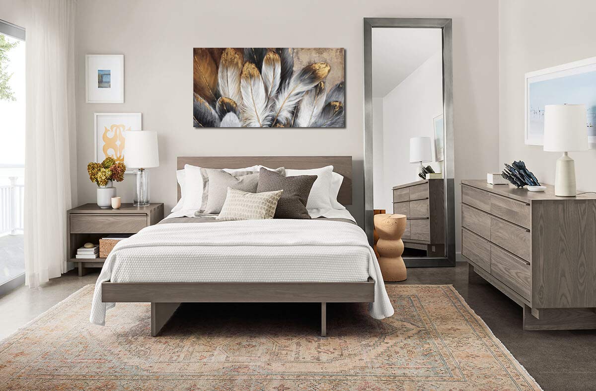 Feather Canvas Wall Art Modern Living Room Bedroom Wall Decoration Large Giclee Print Canvas Painting Artwork for Home Decor One Piece White Gold Brown Feather Picture Ready to Hang 24x48 Size