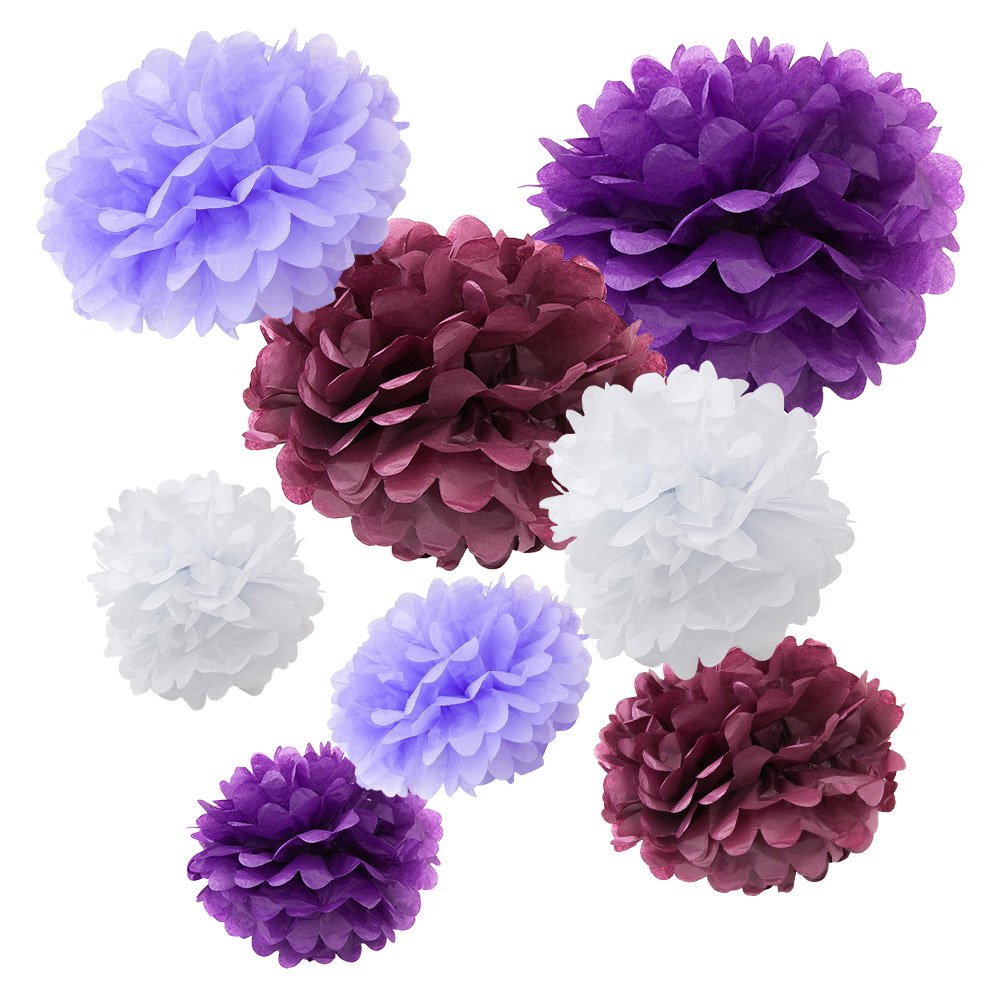 Wyzworks Set Of 8 (Assorted Purple Color Pack) 10'' 12'' 16'' Diy Tissue Pom Poms Flower, Halloween Party, Decorations For Weddi
