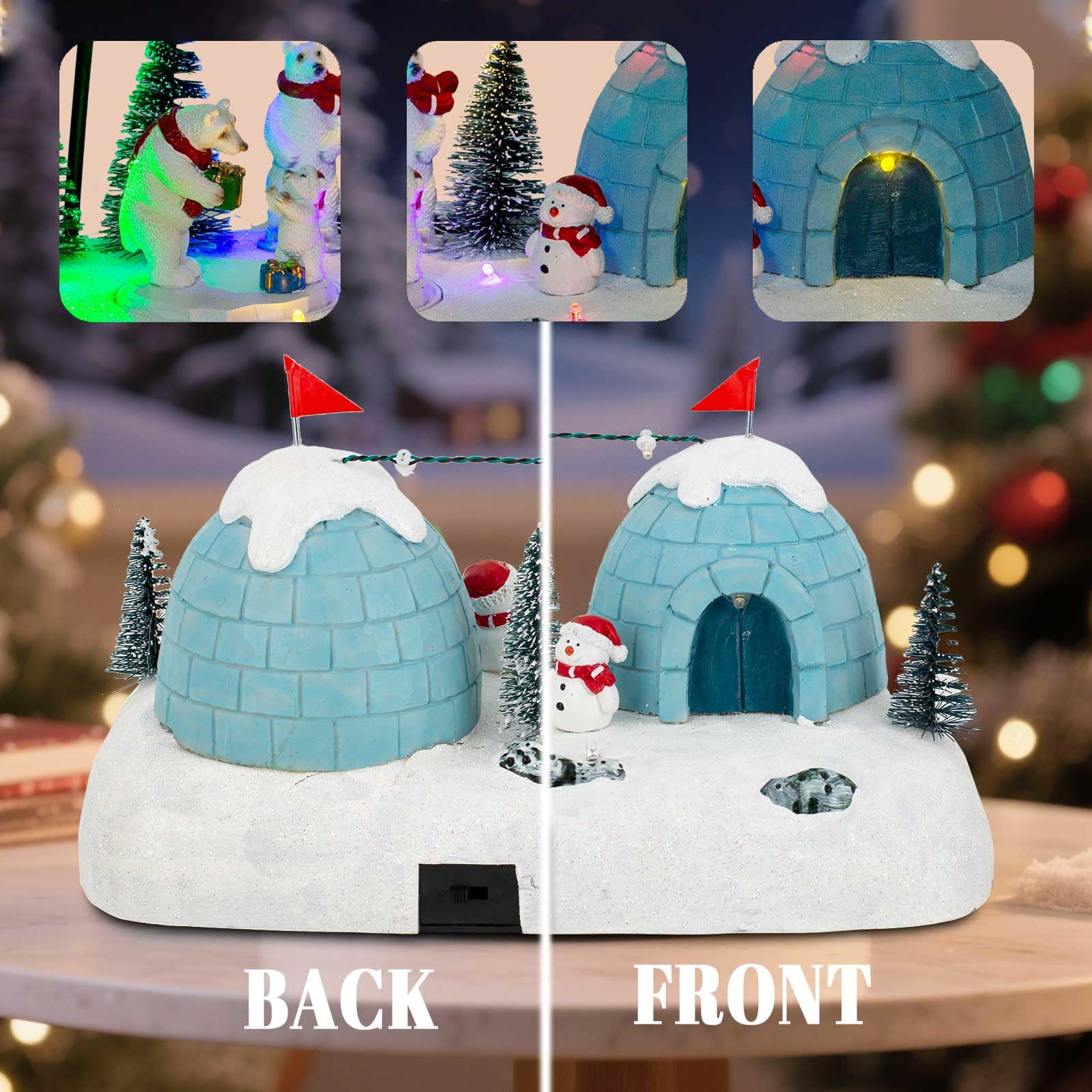 innodept12 Animated Christmas Polar Bear Village Scene - LED Lighted Igloo Winter Diorama with Snowman, Resin Figurines & Rotati