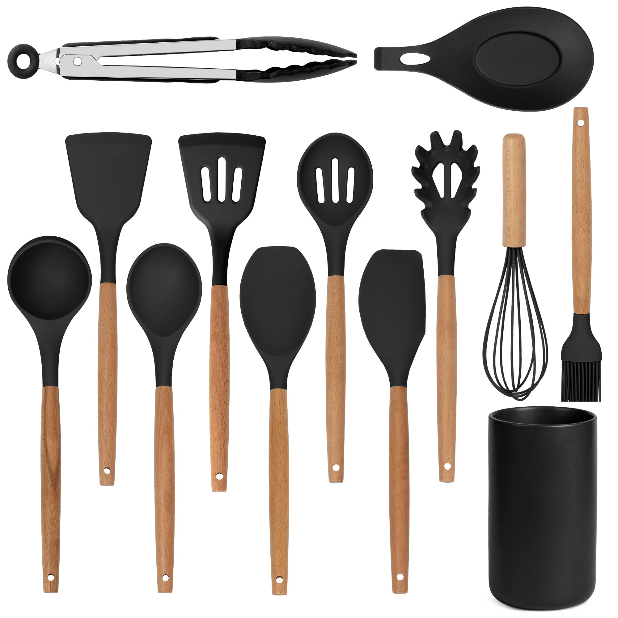 Lanzo Design Kitchen Utensil Set, 12 Pcs NonStick Silicone Cooking Utensils Spatula Set With Ceramic Holder (Black Holder)