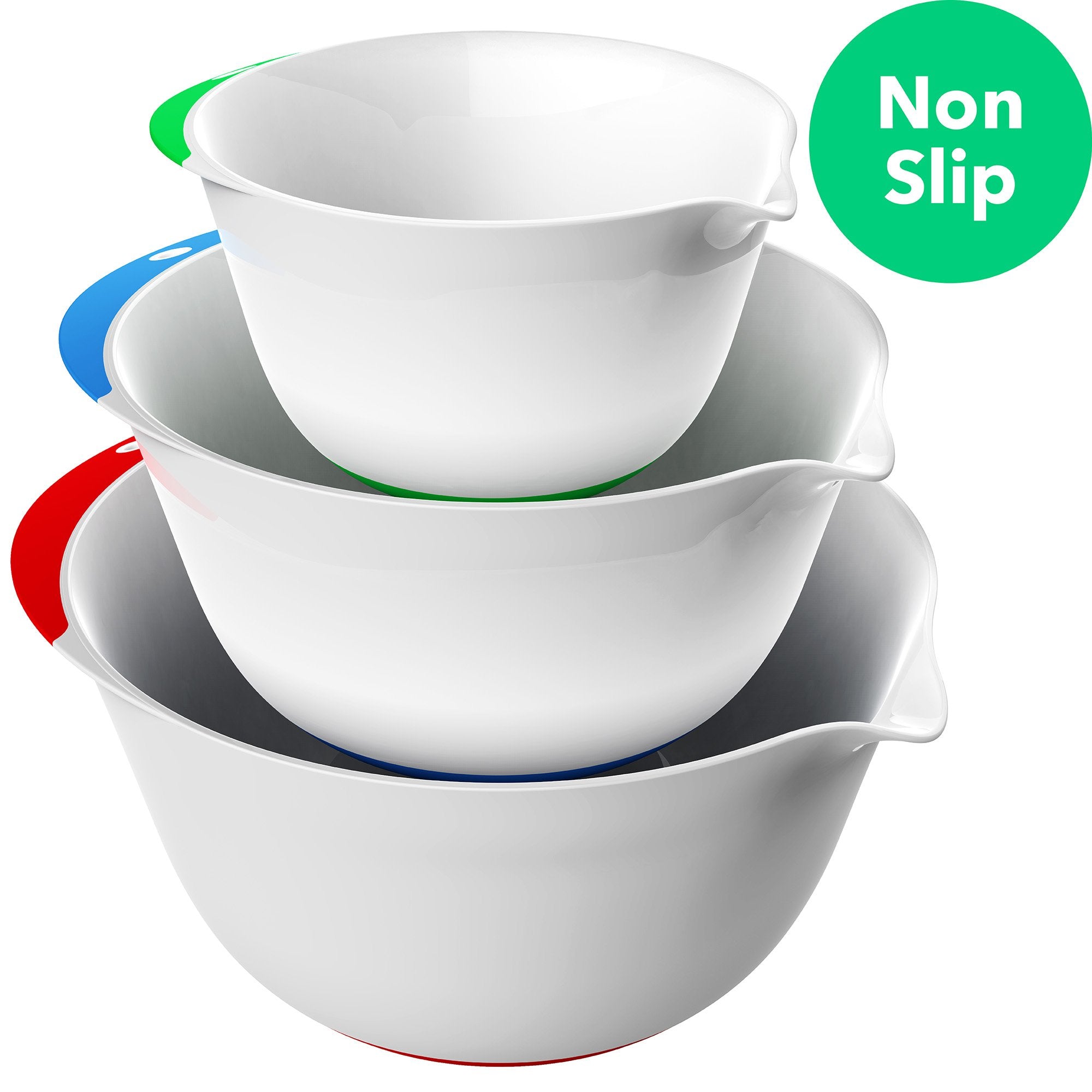 Vremi 3 Piece Plastic Mixing Bowl Set - Nesting Mixing Bowl With Rubber Grip Handles Easy Pour Spout And Non Slip Bottom - Three