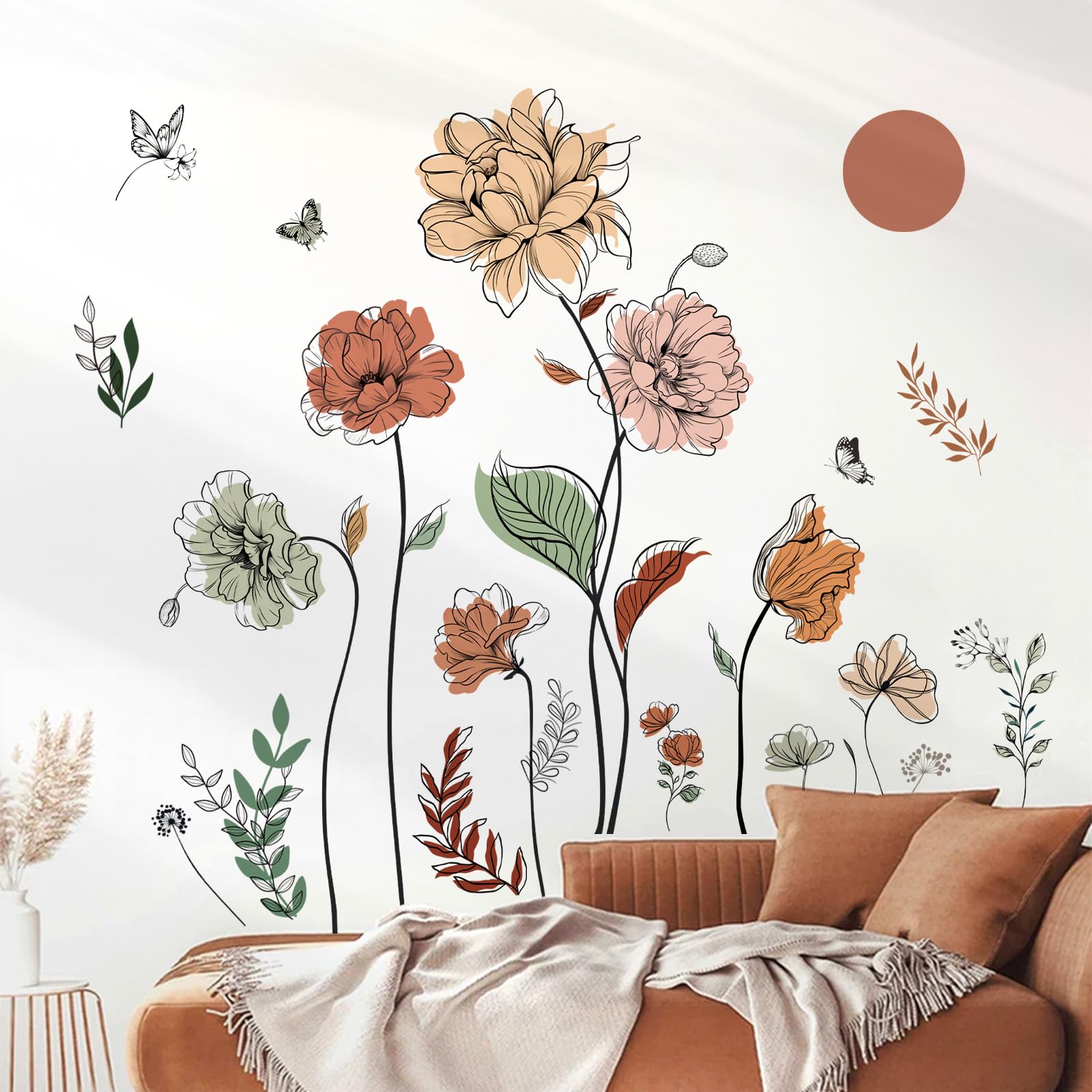 Decalmile Boho Flower Wall Decals Floral Plants Grass Wall Stickers Living Room Bedroom Nursery Wall Decor Gifts For Mom
