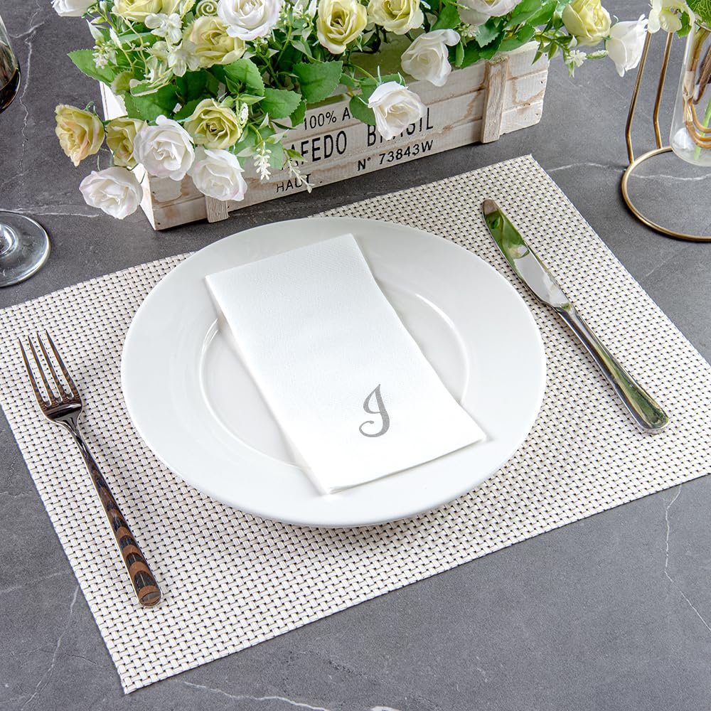 Luxenap 15.8 X 7.9 Inch Linen-Feel Guest Towels, 2000 Lettered Hand Towels - Silver Letter 'J', Cursive Font, White Paper Dinner