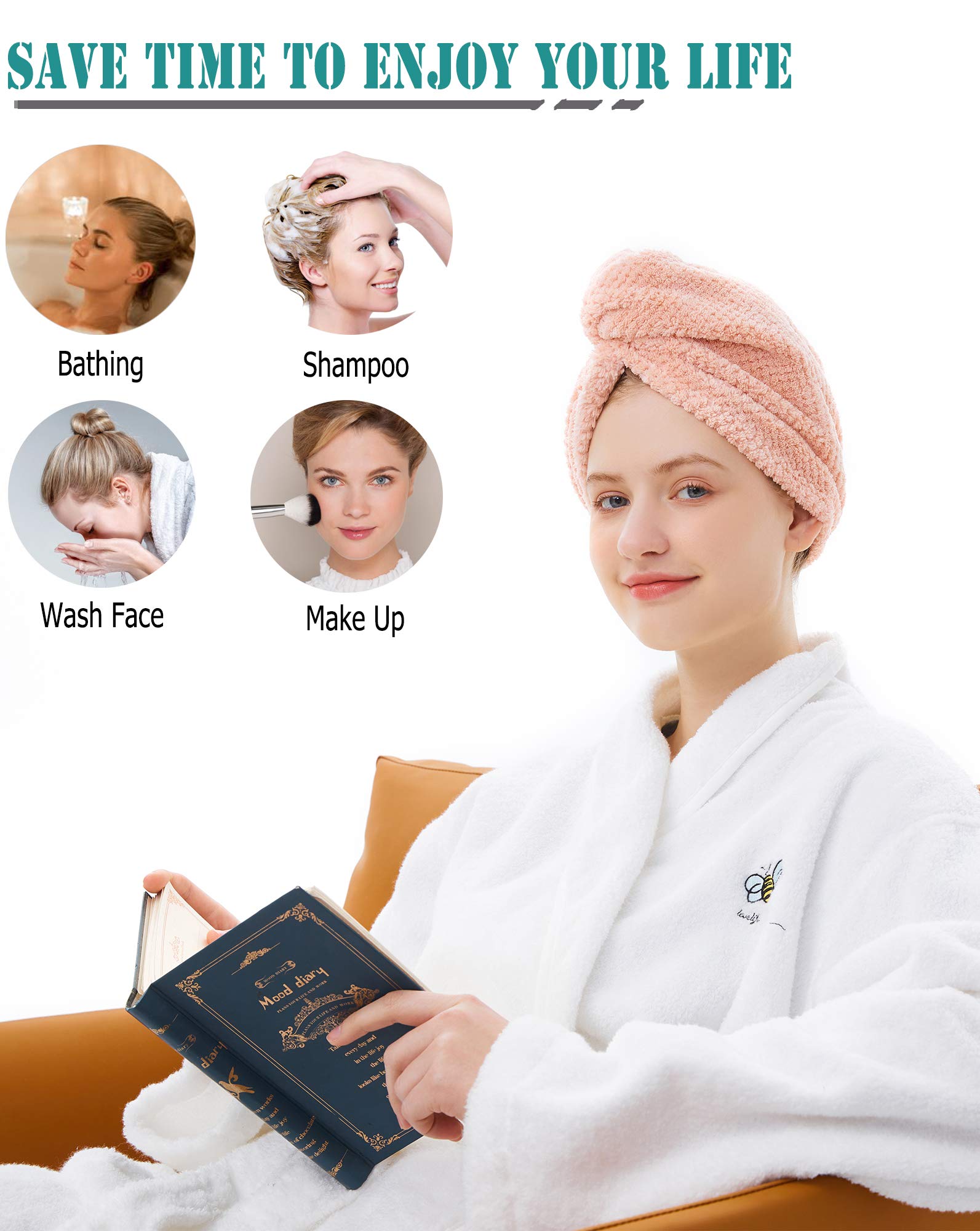 ELLEWIN Hair Towel Wrap 2 Pack, Microfiber Hair Drying Shower Turban with Buttons, Super Absorbent Quick Dry Hair Towels for Cur