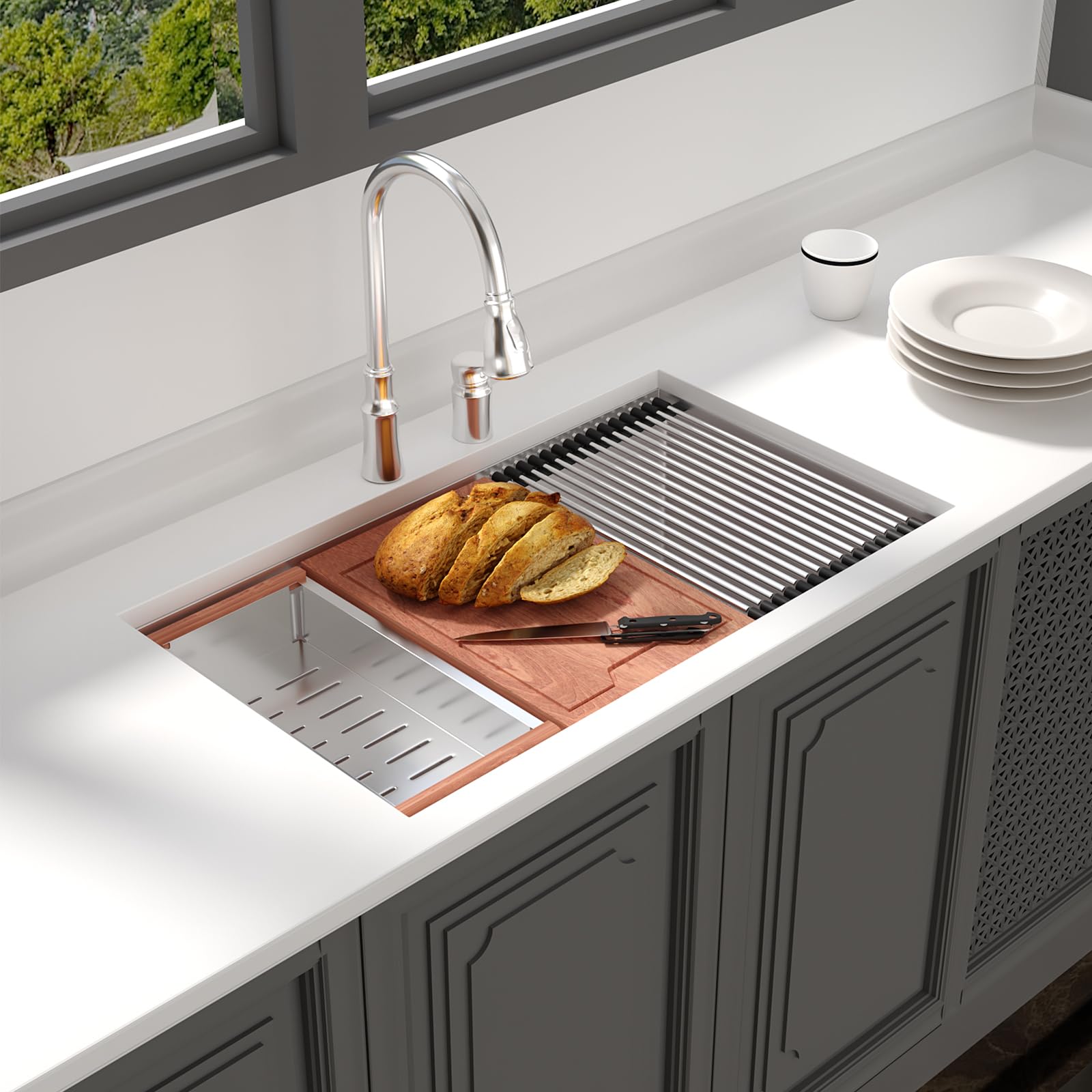 Lordear 30 Inch Undermount Kitchen Sink Ledge Workstation 16 Gauge Stainless Steel Under Counter Single Bowl Handmade Kitchen Si