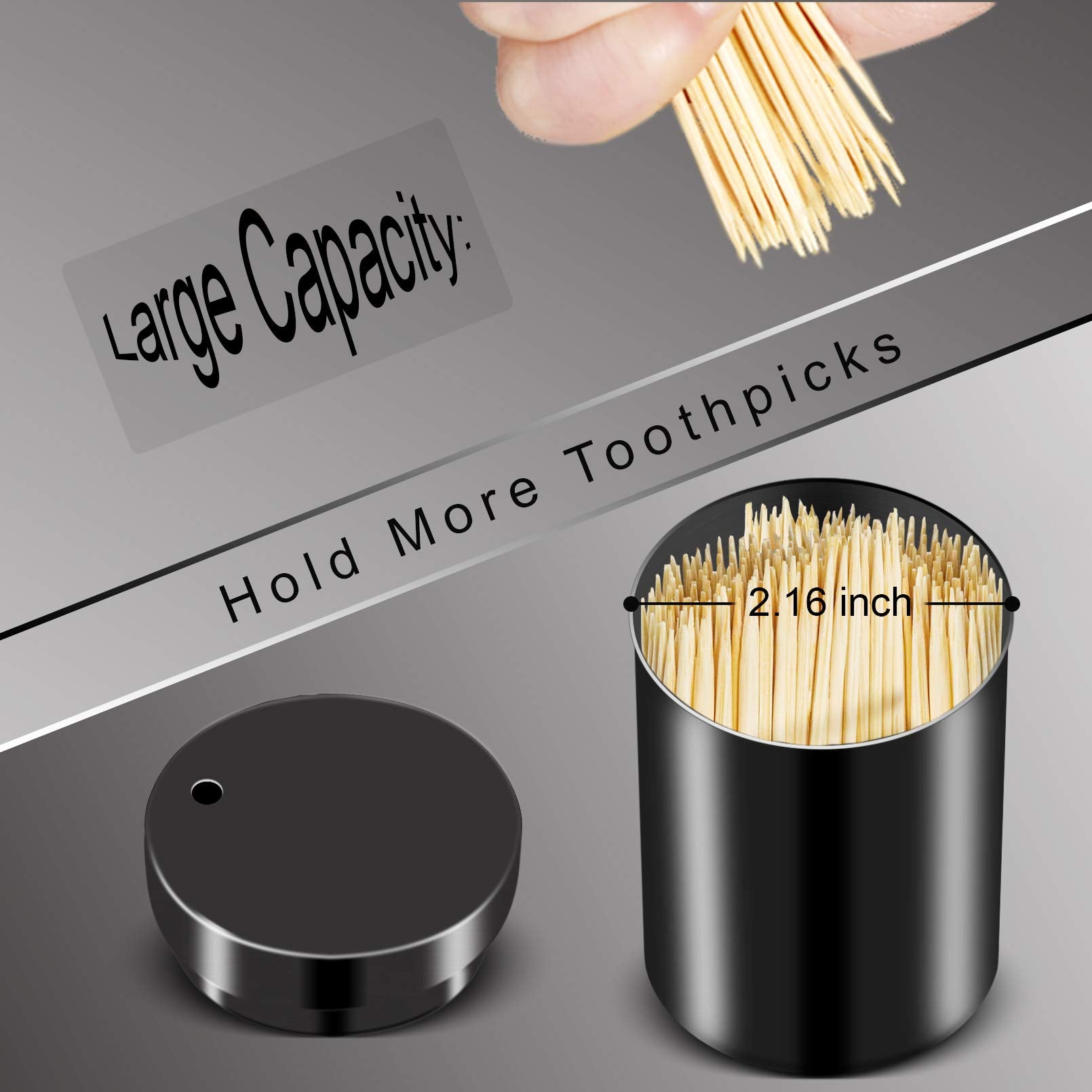 YIFOCUS Stainless Steel Metal Toothpick Holder Dispenser  Tooth Picks Lot Container with 500 Pieces Bamboo Round Toothpicks Wood for Teeth Appetizer and for kitchen (Black)