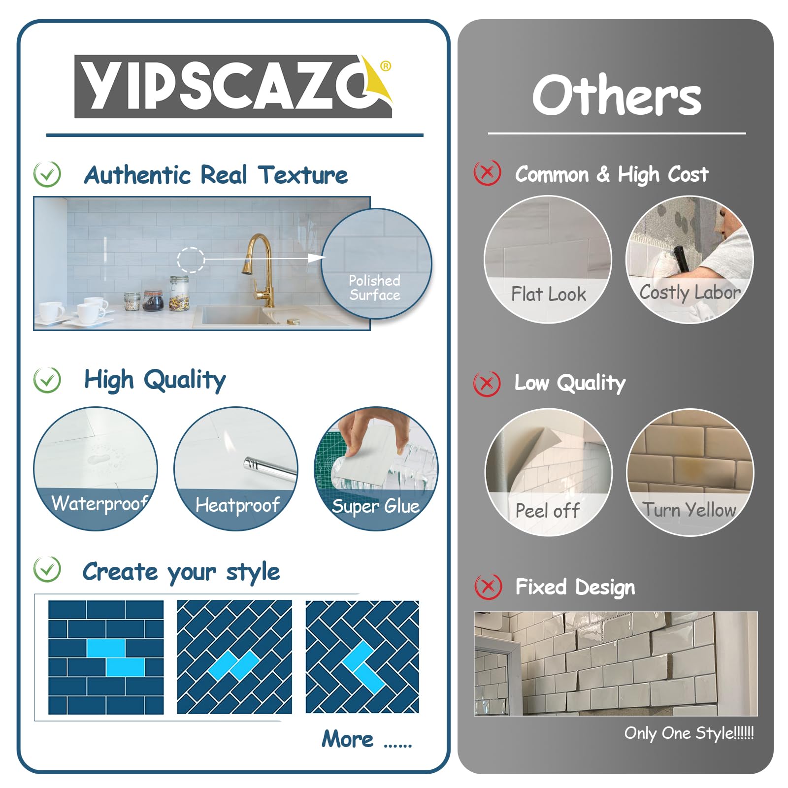 Yipscazo 2025 New Upgrade Peel and Stick backsplash 3 x 6 Inches 3D PVC Composite Wall Tile Stick on Backsplash Tile for Kitchen