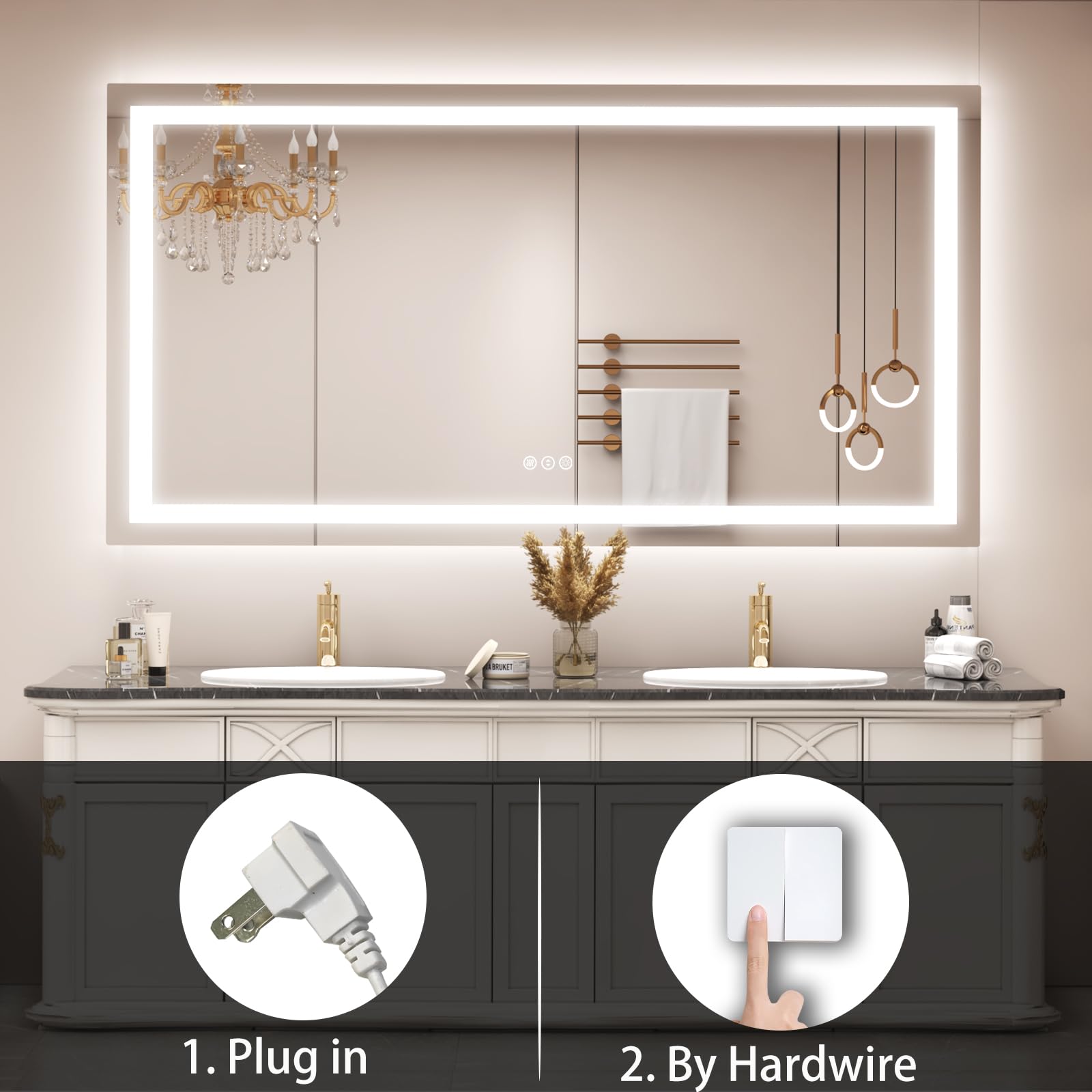 ODDSAN LED Bathroom Mirror for Wall 72x 40  Large Lighted Vanity Mirror with Lights  Dimmable  Anti-Fog  Shatter-Proof  ETL Listed (Front + Backlit)