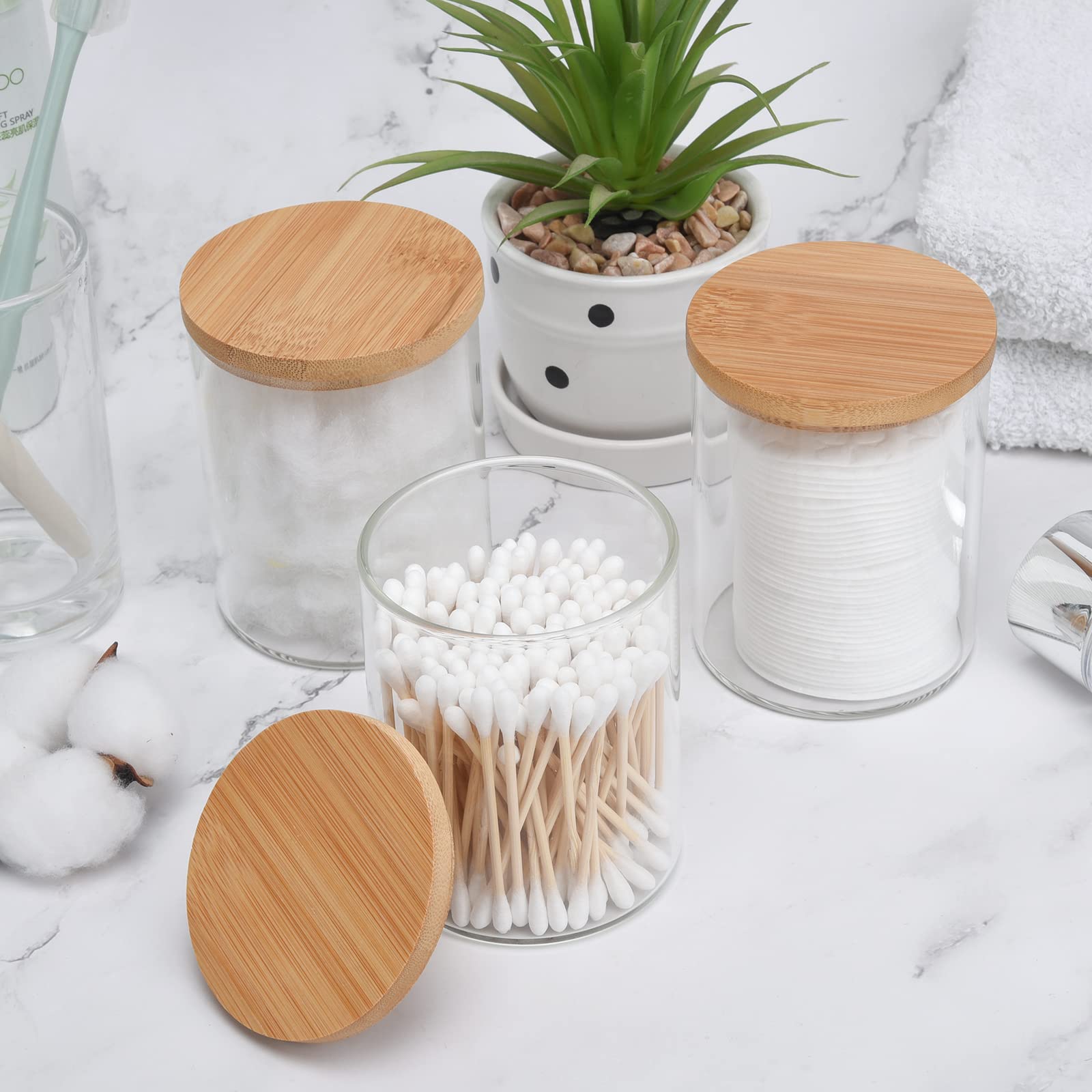 BKYFPQ 3 Pack Glass Qtip Holder Dispenser Bathroom Jars with Bamboo Lids  Cotton Ball Pad Round Swab Holder for Bathroom Accessories Storage Organizer Farmhouse Bathroom Decor  Boho Bathroom Decor.