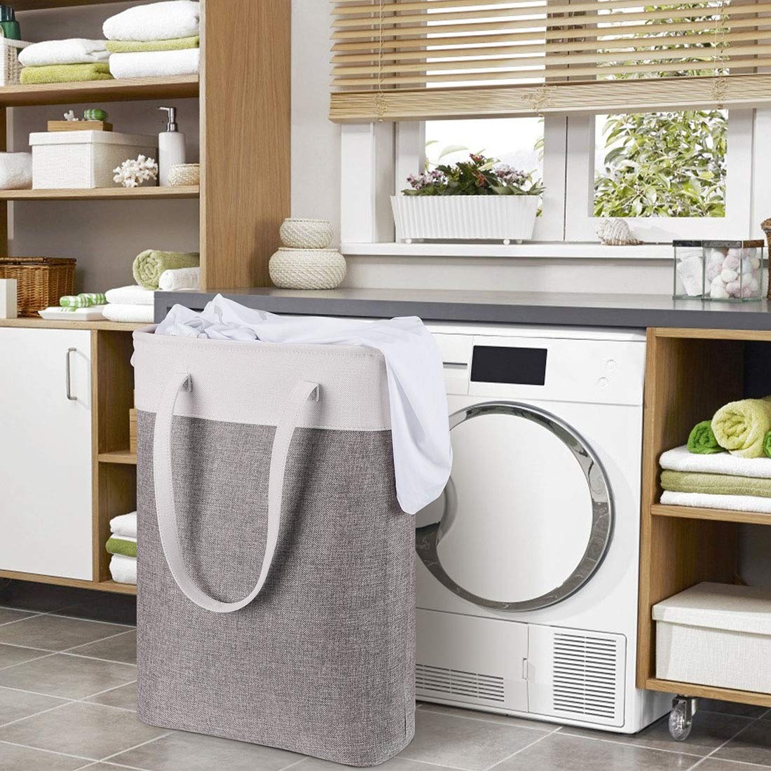 i BKGOO Laundry Basket with Handles white&Grey Coffee-Slim Laundry Bin Collapsible Dirty Clothes Basket Narrow Laundry Bag Foldable Dirty Hamper for Camping  Dorms  Apartments