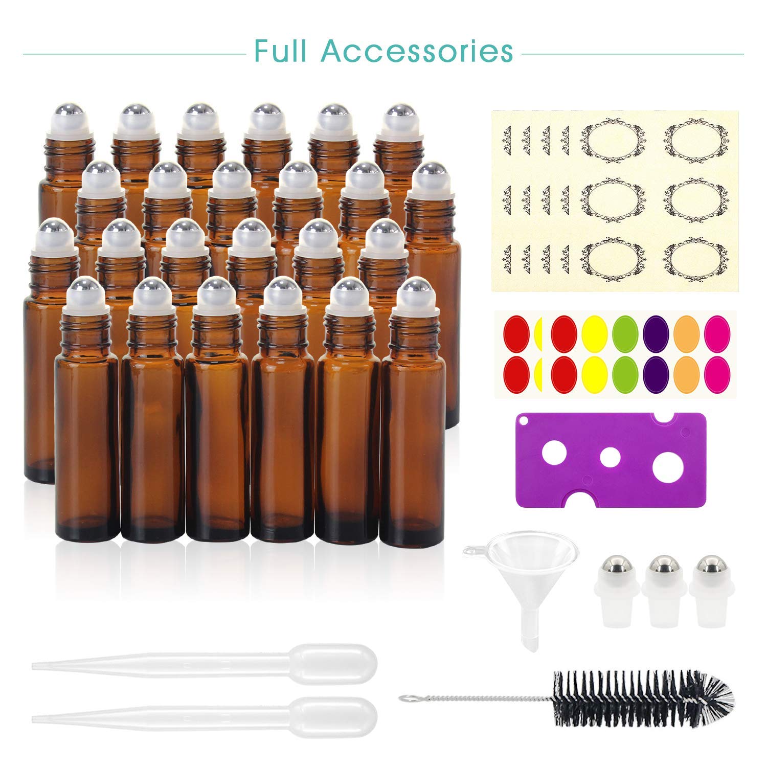 Mavogel 24  10ml Roller Bottles for Essential Oils - Amber  Glass with Stainless Steel Roller Balls (3 Extra Roller Balls  54 Pieces Labels  Opener  Funnel  Dropper  Brush Included)