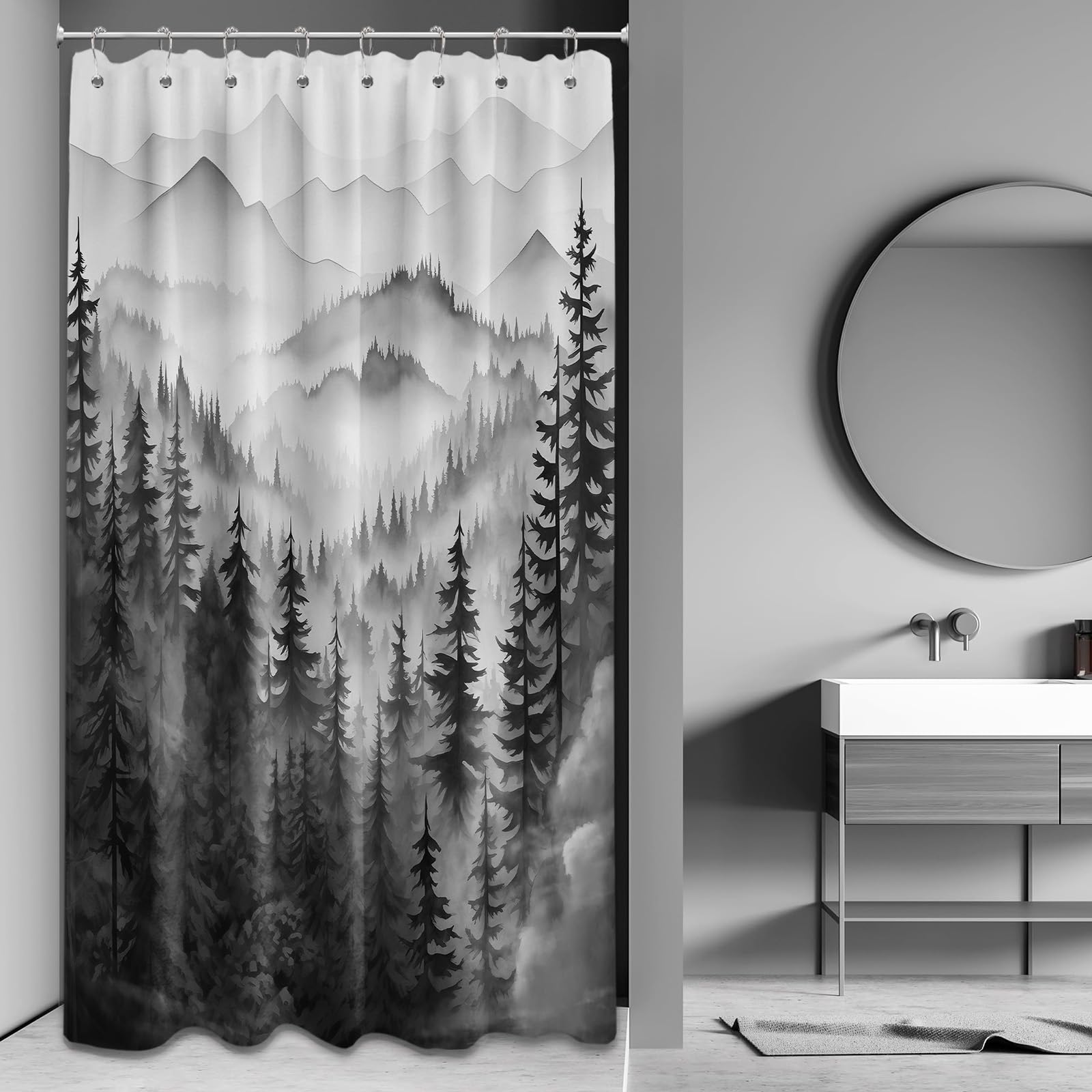 QGHOT Mountain Shower Curtain Black and White Forest Nature Shower Curtains for Mens Bathroom Charcoal Grey Rustic Woodland Pine