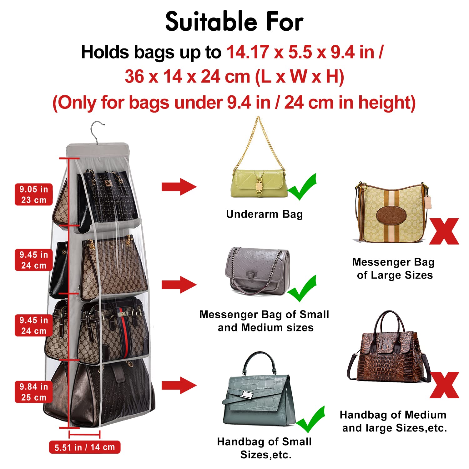 Lirex Handbag Hanging Organizer  8 Pocket Purse Storage Hanger Oxford Cloth Closet for Family Closet Bedroom  Foldable and Universal Fit (Black)