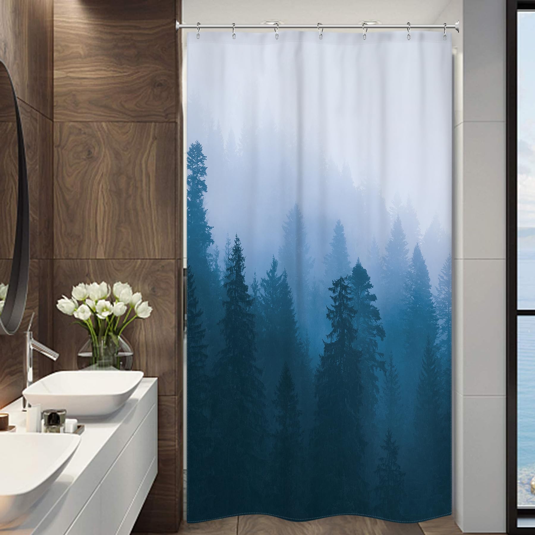 Riyidecor Small Stall Shower Curtain For Bathroom Decor 36Wx72H Narrow Half Rv Nature Blue Mens Misty Tree Mountain Foggy Woodla