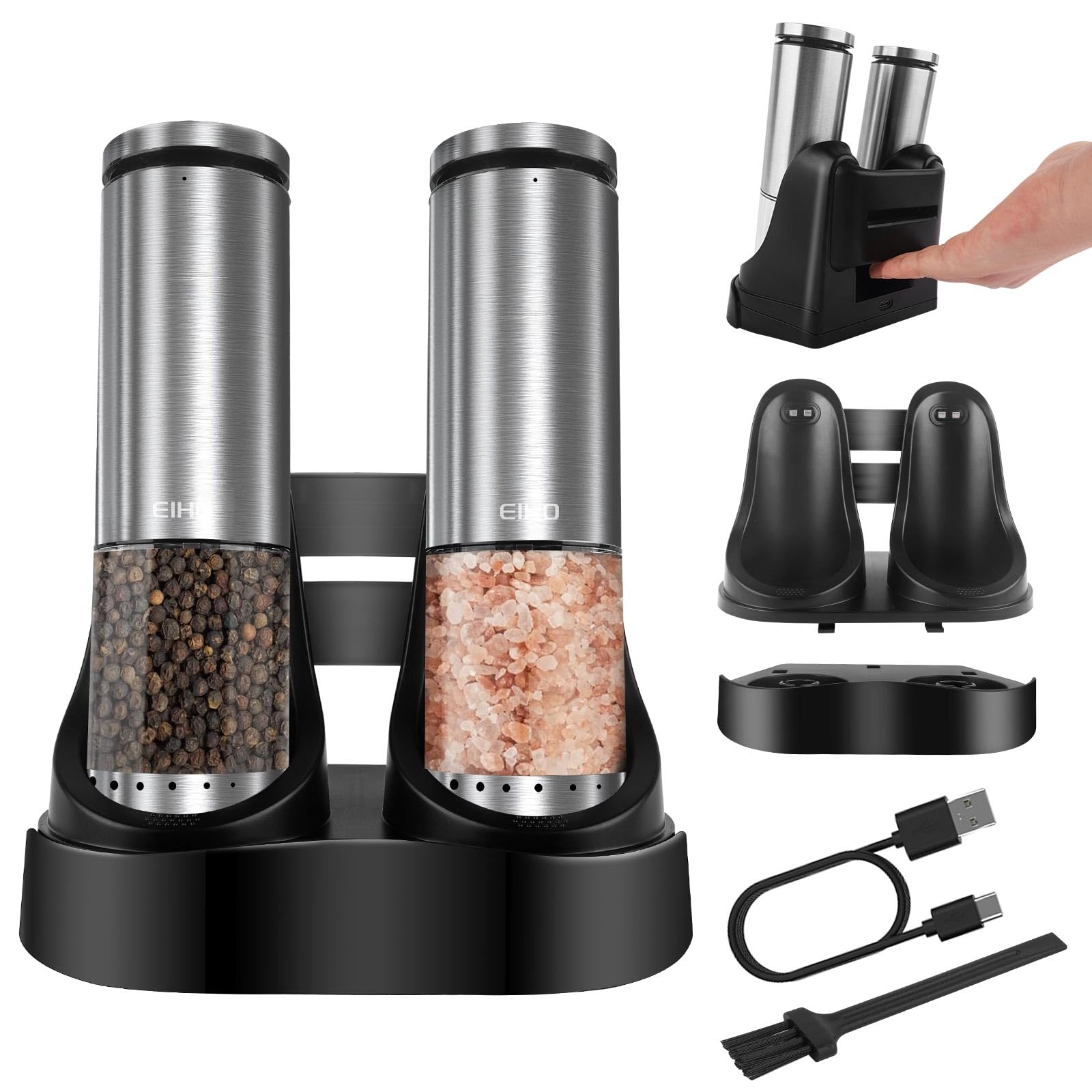 Eiho Electric Salt And Pepper Grinder Set Usb Rechargeable, Upgraded External Adjustable Coarseness, Stainless Steel Automatic S