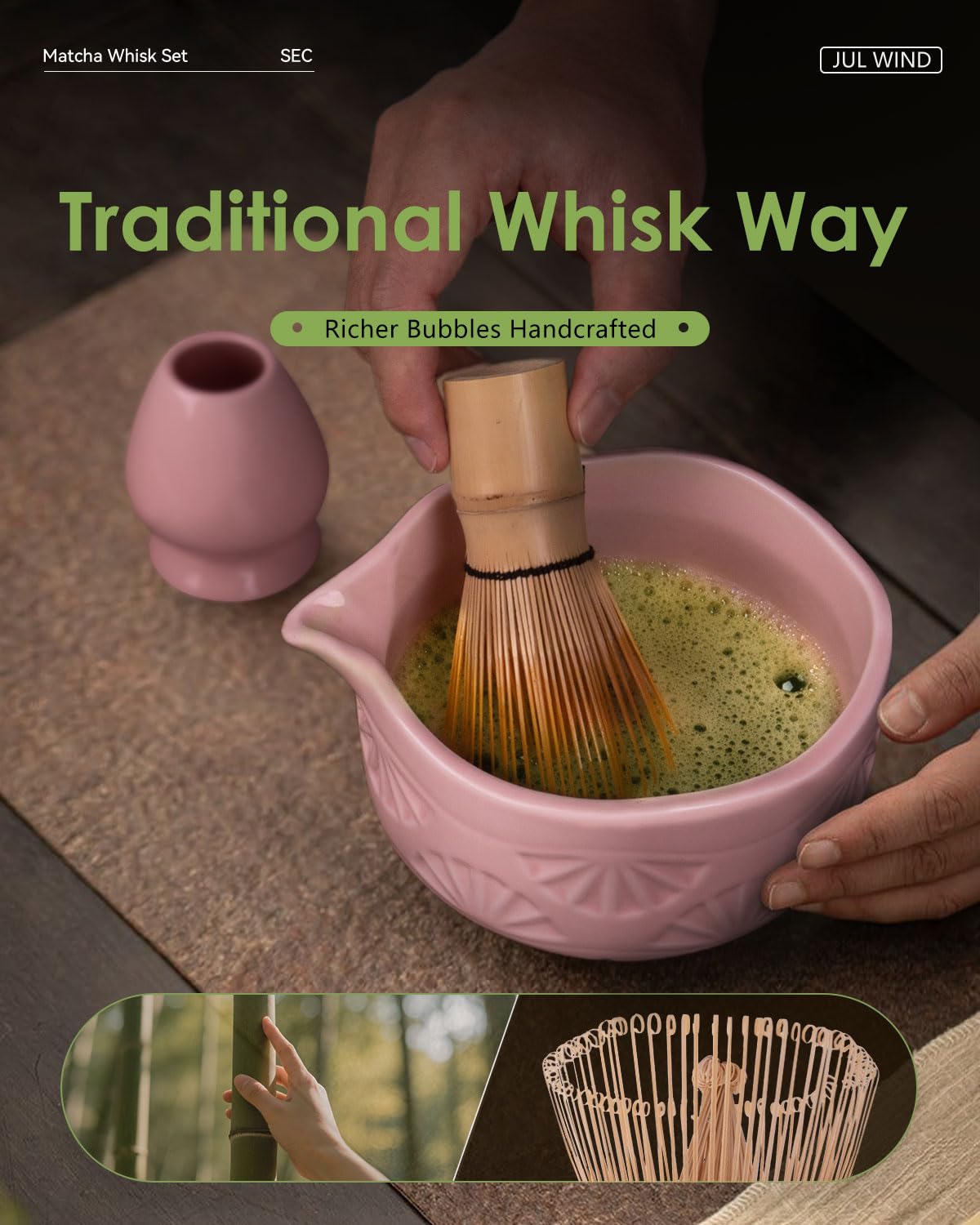 JUL WIND Matcha Whisk Set,Matcha Set,3 Pcs Matcha Kit Includes Whisk Holder,Matcha Bowl(chawan) with Spout,Bamboo Scoop,Gift pin