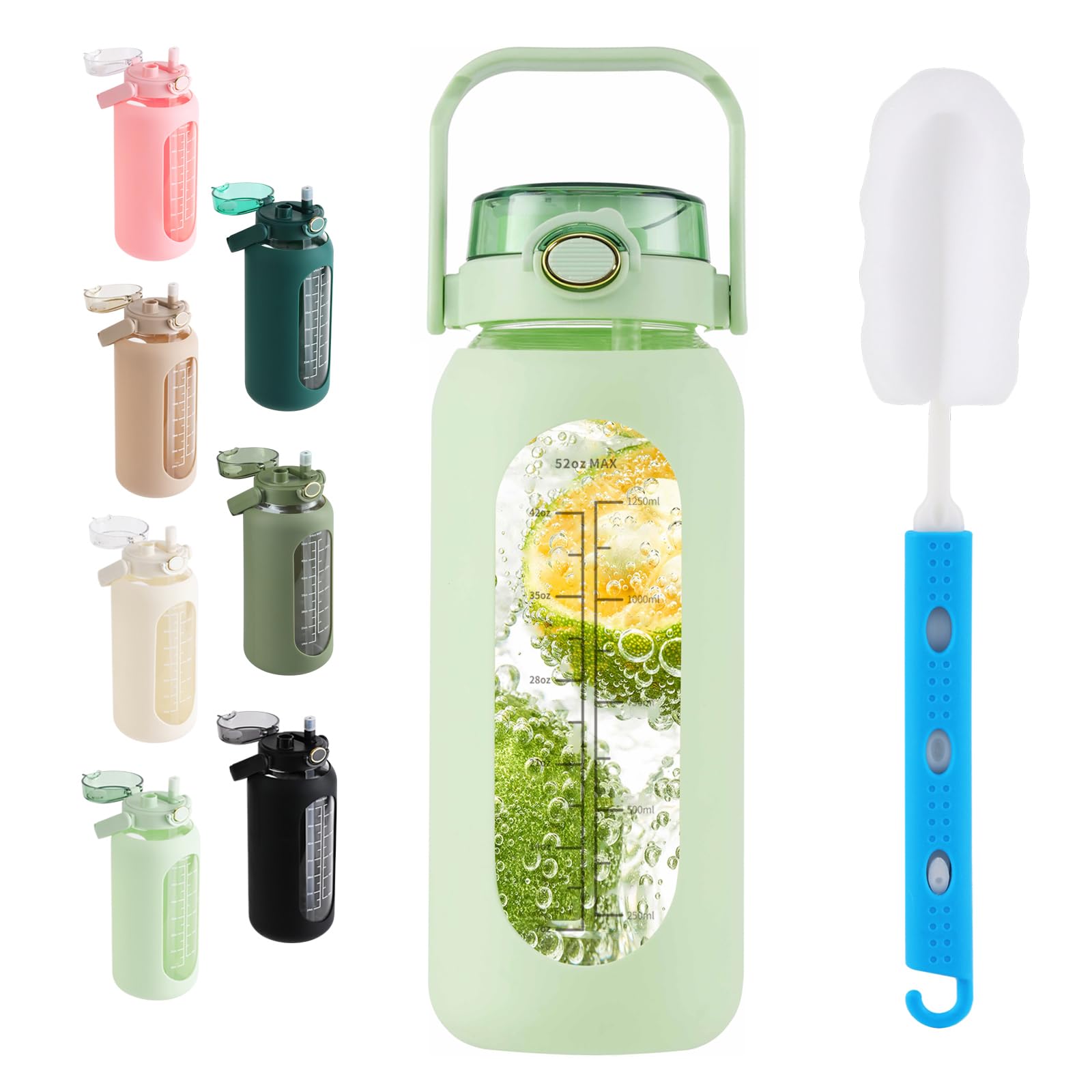 Sierozur 52Oz Glass Water Bottle With Straw And Handle Lid Half Gallon Motivational Glass Bottle With Silicone Sleeve And Time M