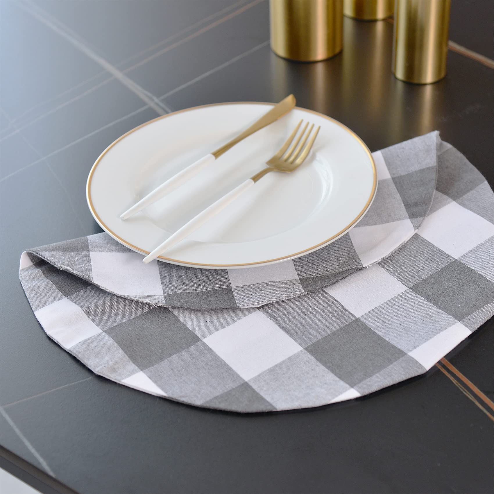 Grey & White Cotton Buffalo Check Round Placemat, Set Of 4, 15 Inch Eco-Friendly Fabric Handcrafted Machine Washable Indoor & Ou