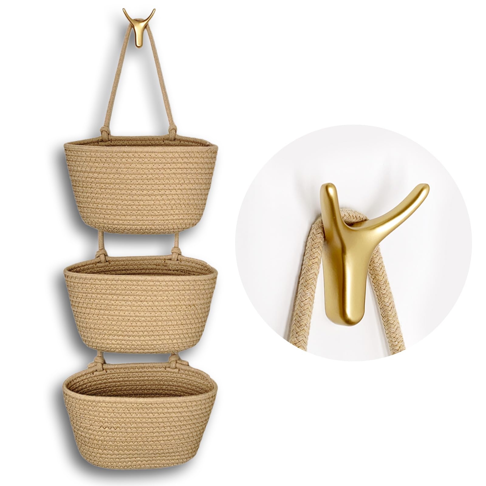 3Tier Decorative Cotton Rope Hanging Basket, WallMounted Woven Storage Organizer Bag, Jute