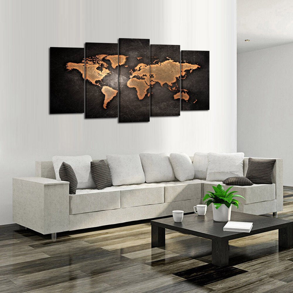 Kreative Arts - Retro World Map Poster Framed 5 Pcs Giclee Canvas Prints Vintage Abstract World Map Painting Printed on Canvas Ready to Hang for Living Room Office Decor Gift (Large Size 60x32inch)