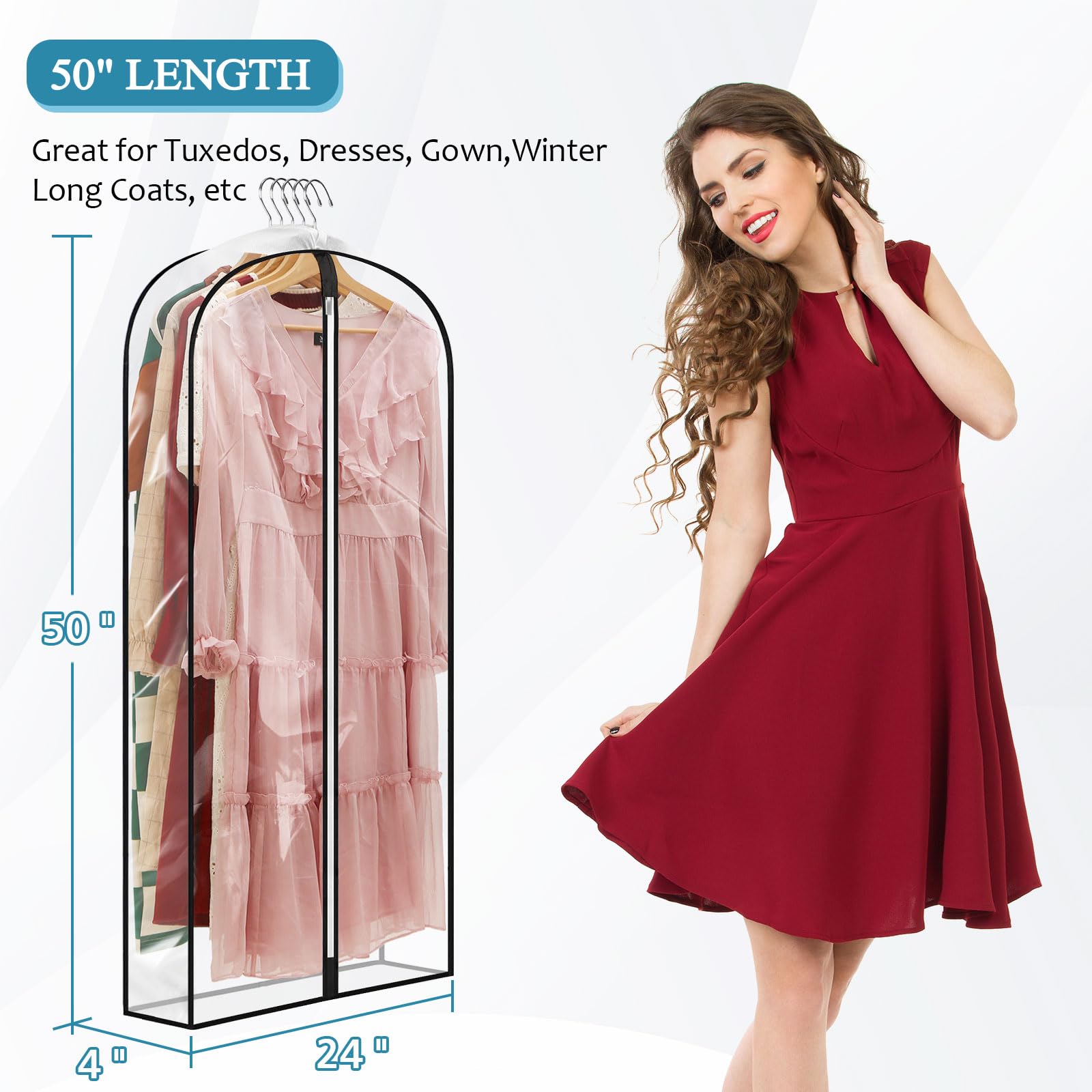 Perber 50'' All Clear Garment Bags For Hanging Clothes, 4'' Gusseted Suit Bags For Closet Storage, Plastic Garment Covers With Z