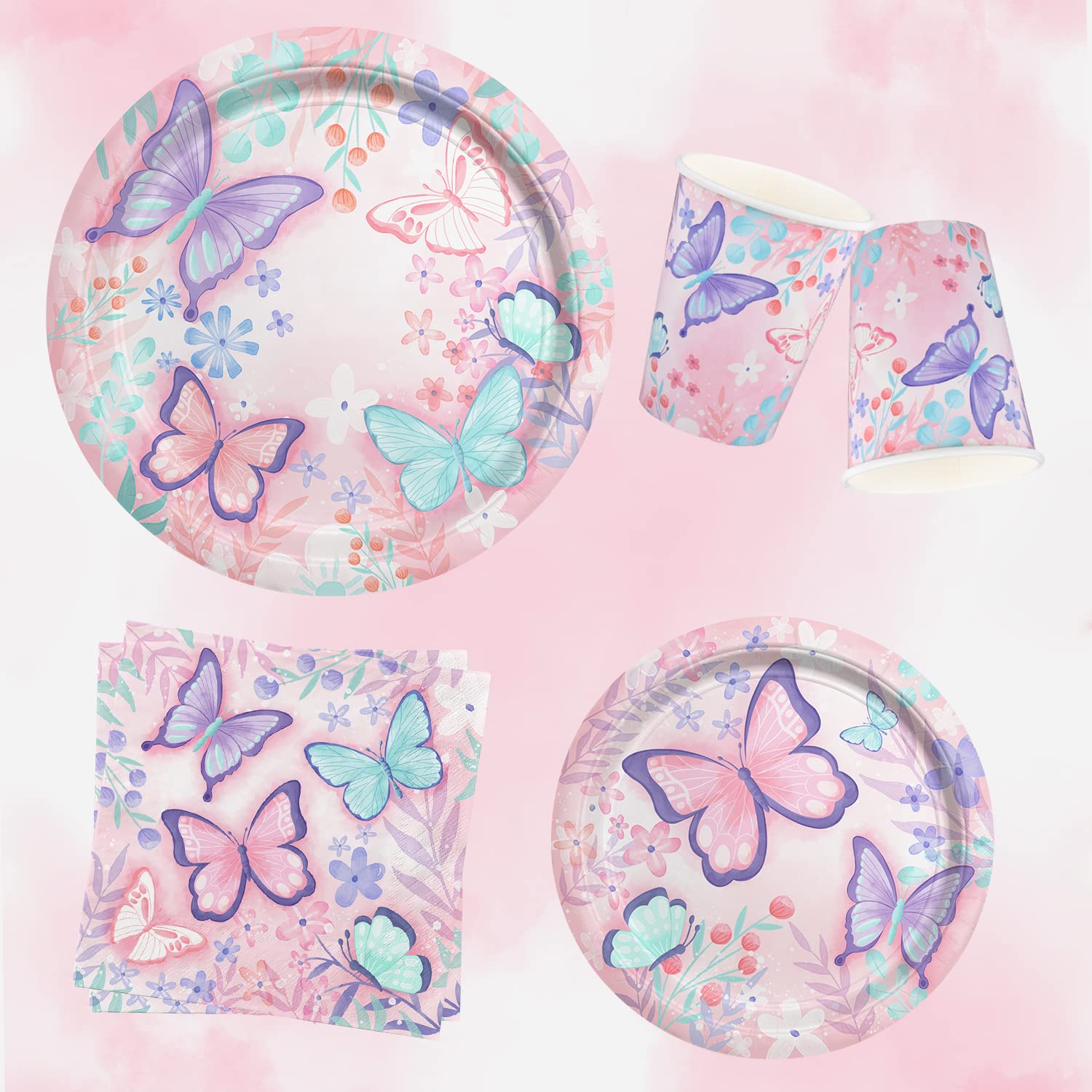 Butterfly Birthday Party Supplies Disposable Paper Plates Napkins And Cups For Butterfly Girl Party Birthday Decorations, Serve